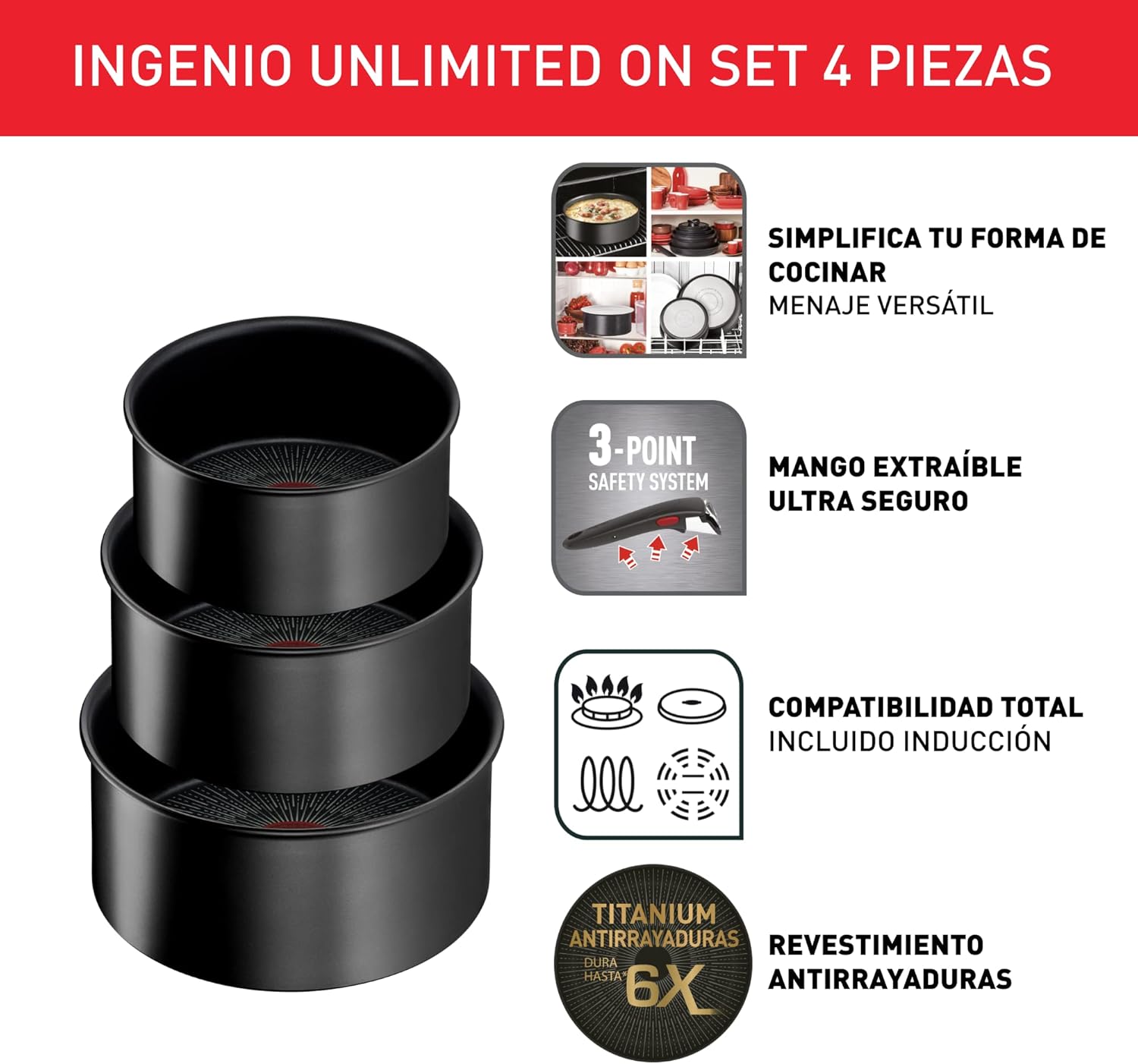 Tefal Ingenio Unlimited On – zestaw 3 garnków 16/18/20 cm + zdejmowana rączka | Nadaje się do kuchenek indukcyjnych, nieprzywierająca powłoka, powłoka tytanowa, Thermo-signal, bez PFOA, można myć w zmywarce i piekarniku