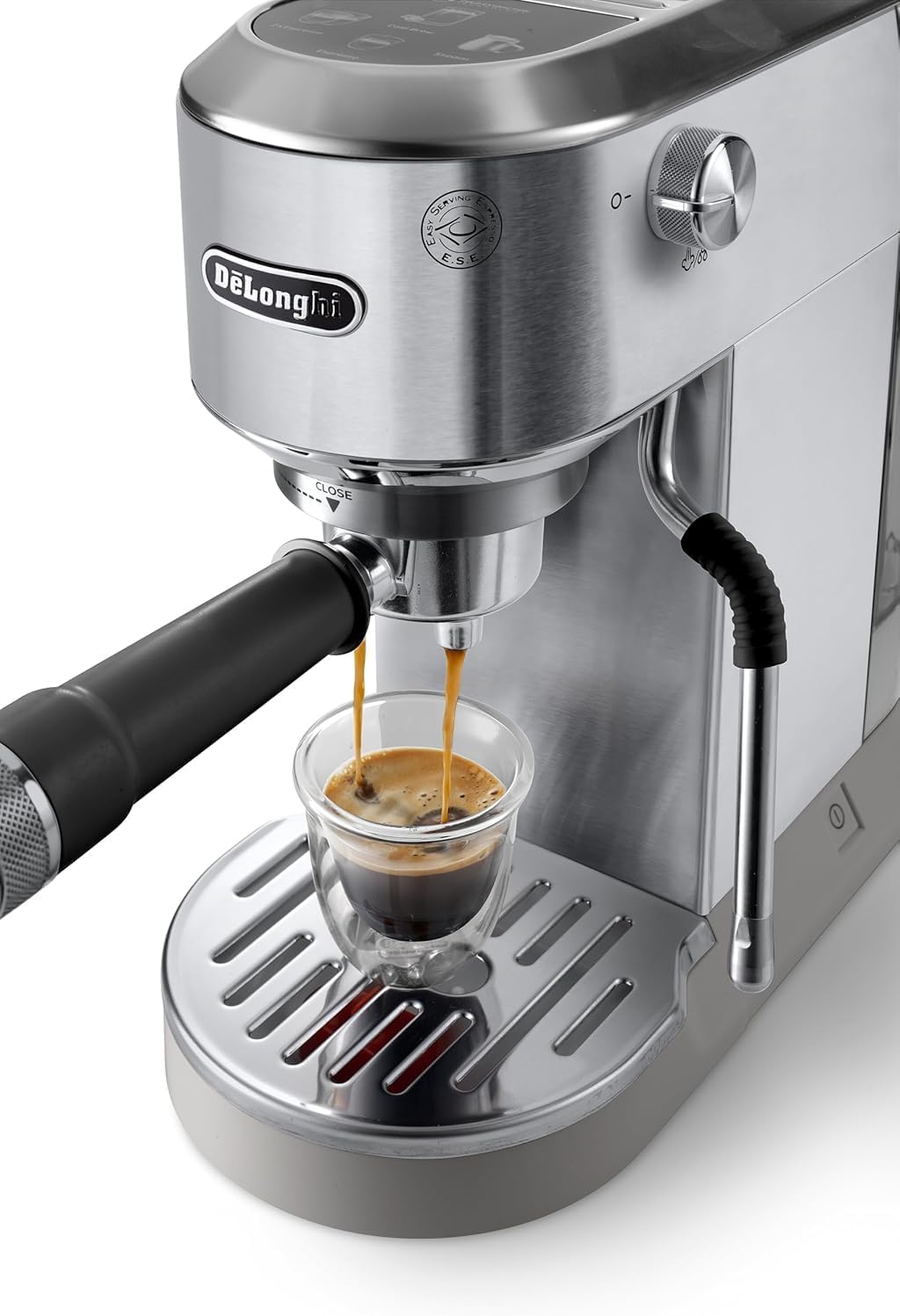 De'Longhi Dedica - RVS pompkoffiezetapparaat voor gemalen koffie of cups, espresso en cappuccino, 1,3 liter reservoir, anti-druppelsysteem, model EC685.M, metaalkleur