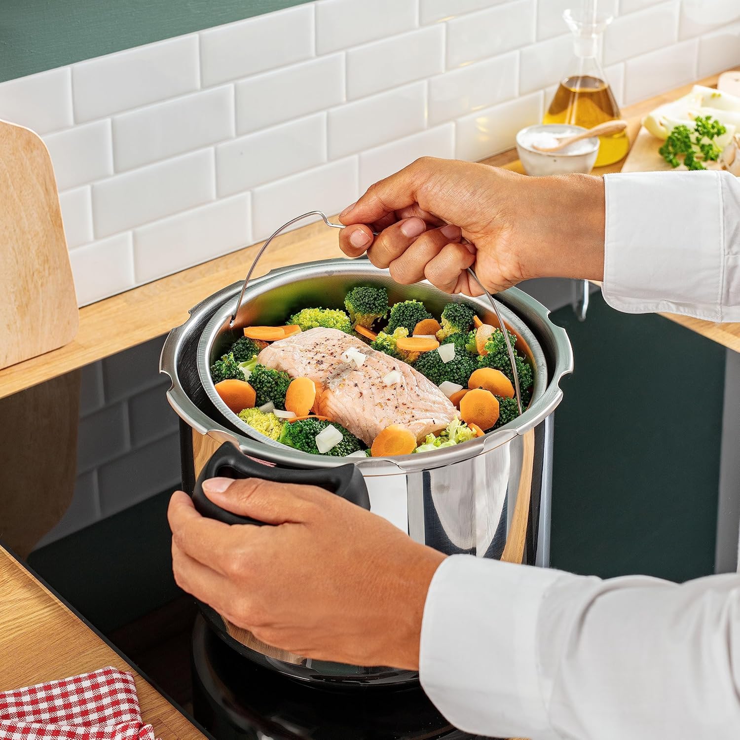 Tefal P47051 Clipso Minut Duo aluminium snelkookpan met 5 veiligheidssystemen en eenvoudige sluiting met één hand, grijs/rood, 5 L