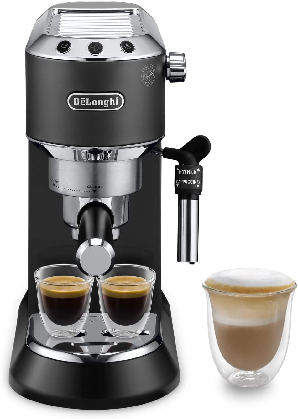 De'Longhi Dedica - RVS pompkoffiezetapparaat voor gemalen koffie of cups, espresso en cappuccino, 1,3 liter reservoir, anti-druppelsysteem, model EC685.M, metaalkleur