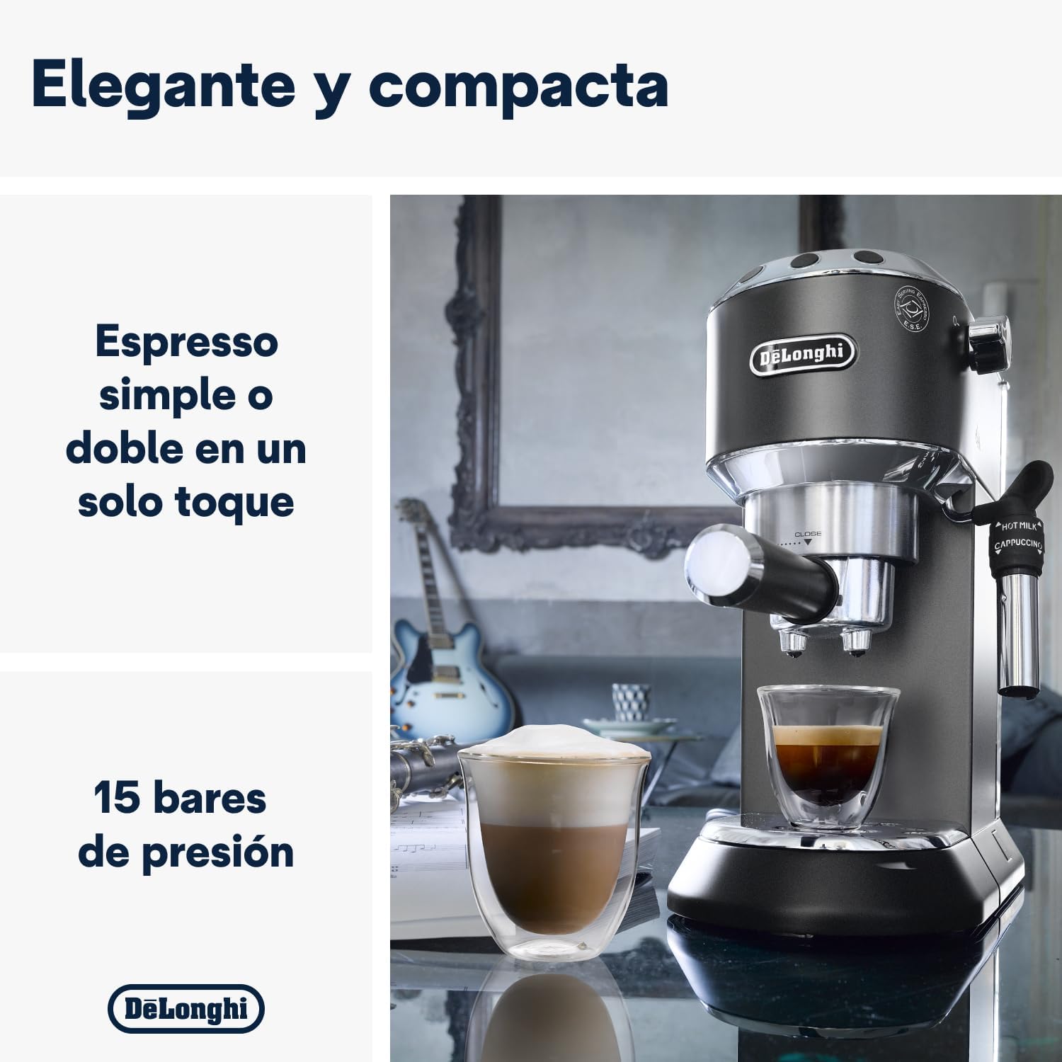 De'Longhi Dedica - RVS pompkoffiezetapparaat voor gemalen koffie of cups, espresso en cappuccino, 1,3 liter reservoir, anti-druppelsysteem, model EC685.M, metaalkleur