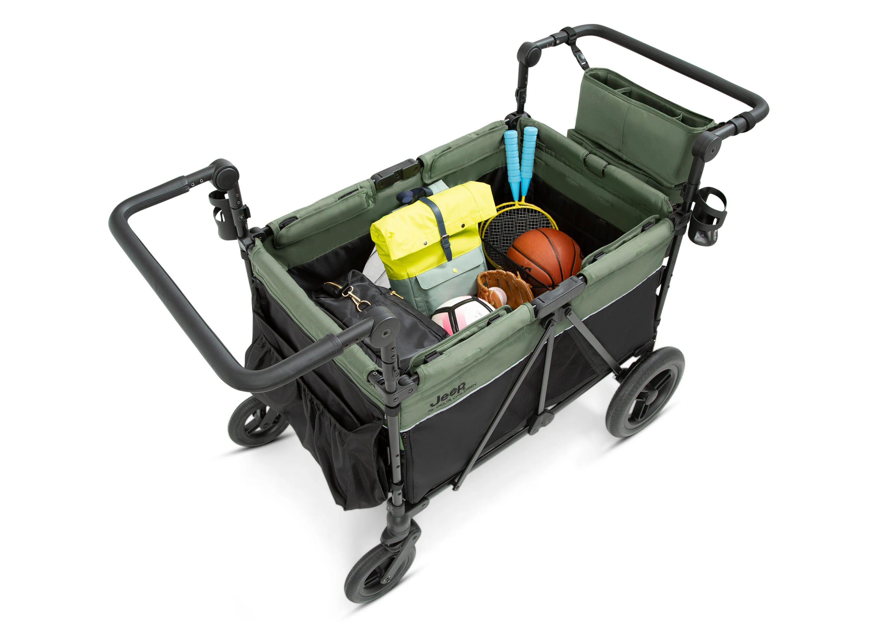 Jeep Wrangler Deluxe Kinderwagen voor 4 Kinderen – Afneembare Kap. Geïsoleerde Tas. Modulaire Zitjes. XXL Opbergruimte. Lekvrije Wielen. Verstelbaar Stuur.