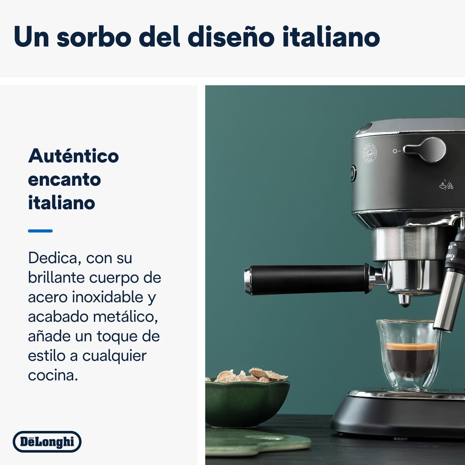 De'Longhi Dedica - RVS pompkoffiezetapparaat voor gemalen koffie of cups, espresso en cappuccino, 1,3 liter reservoir, anti-druppelsysteem, model EC685.M, metaalkleur