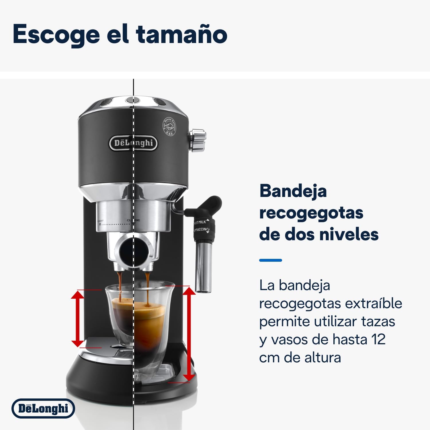 De'Longhi Dedica - RVS pompkoffiezetapparaat voor gemalen koffie of cups, espresso en cappuccino, 1,3 liter reservoir, anti-druppelsysteem, model EC685.M, metaalkleur