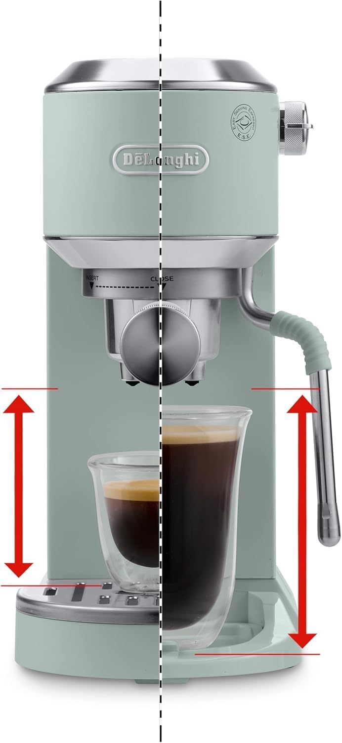 De'Longhi Dedica - RVS pompkoffiezetapparaat voor gemalen koffie of cups, espresso en cappuccino, 1,3 liter reservoir, anti-druppelsysteem, model EC685.M, metaalkleur