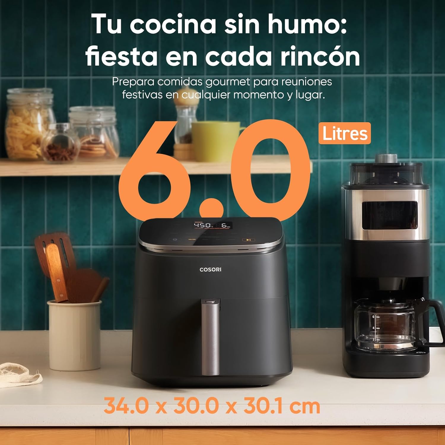 Cosori Turbo Blaze 6L Airfryer, Echte metalen binnenkant, Exclusieve DC-motor, 46% sneller, Temperatuur 30°C tot 230°C, Ideaal voor het braden van vlees, Complete kookprogramma's, Stil 27dB