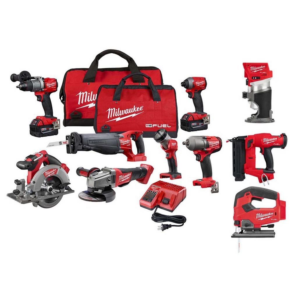 2026 Milwaukee M18 FUEL 18V borstelloze snoerloze combokit (10 gereedschappen) met (2) 5,0 Ah accu's, (1) oplader en (2) gereedschapstassen