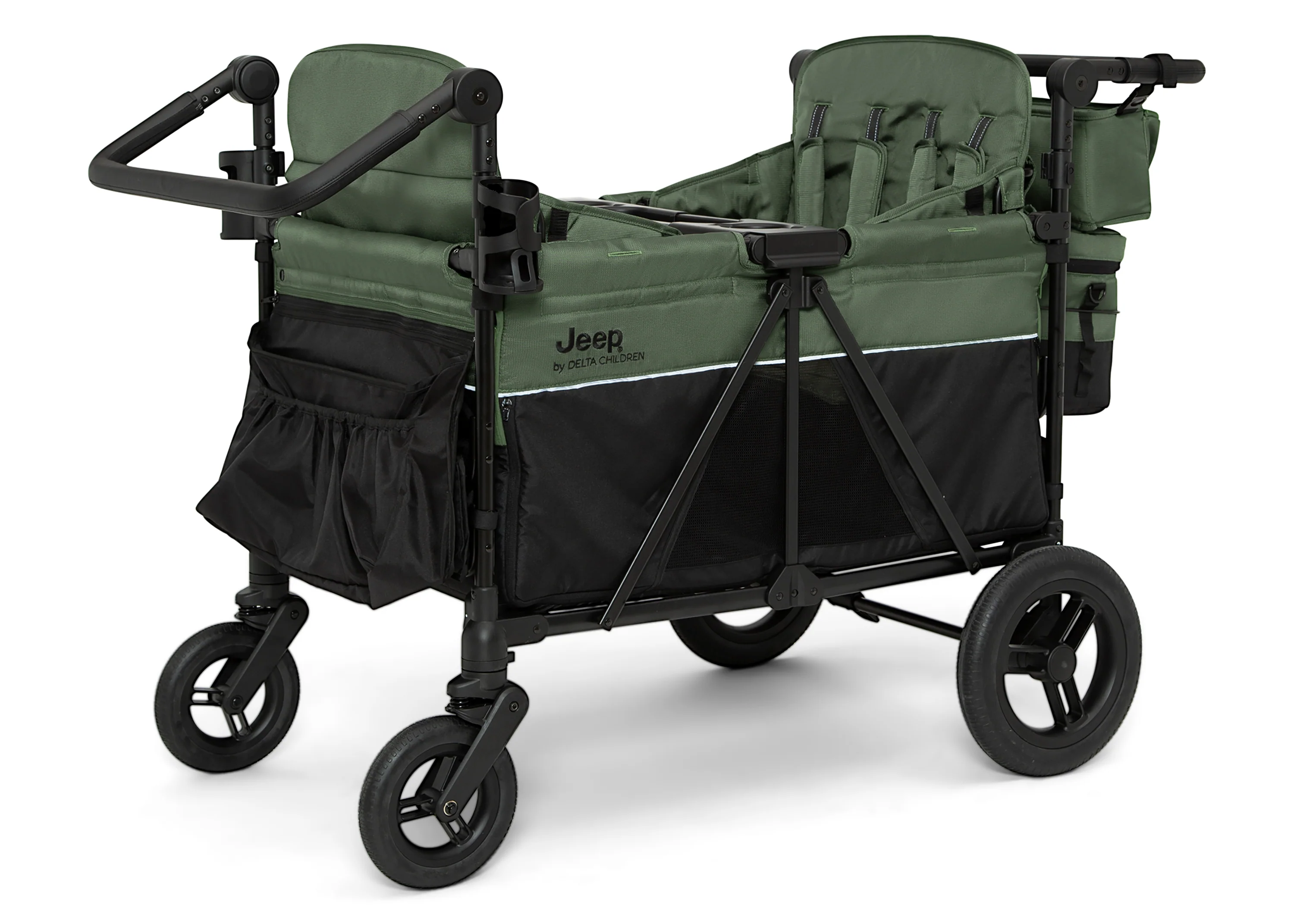 Jeep Wrangler Deluxe Kinderwagen voor 4 Kinderen – Afneembare Kap. Geïsoleerde Tas. Modulaire Zitjes. XXL Opbergruimte. Lekvrije Wielen. Verstelbaar Stuur.