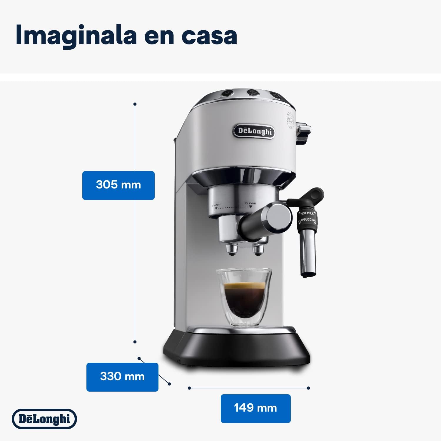 De'Longhi Dedica - RVS pompkoffiezetapparaat voor gemalen koffie of cups, espresso en cappuccino, 1,3 liter reservoir, anti-druppelsysteem, model EC685.M, metaalkleur