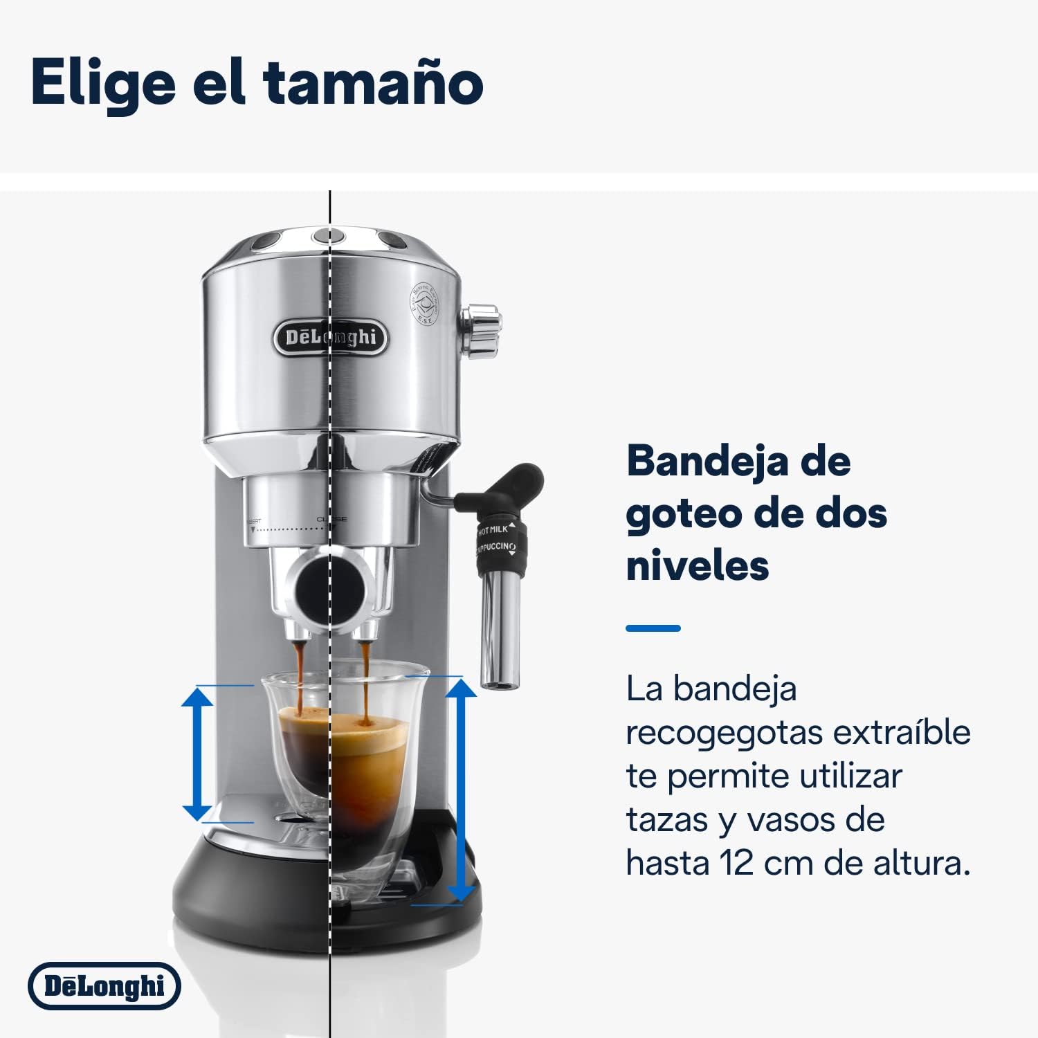 De'Longhi Dedica - RVS pompkoffiezetapparaat voor gemalen koffie of cups, espresso en cappuccino, 1,3 liter reservoir, anti-druppelsysteem, model EC685.M, metaalkleur