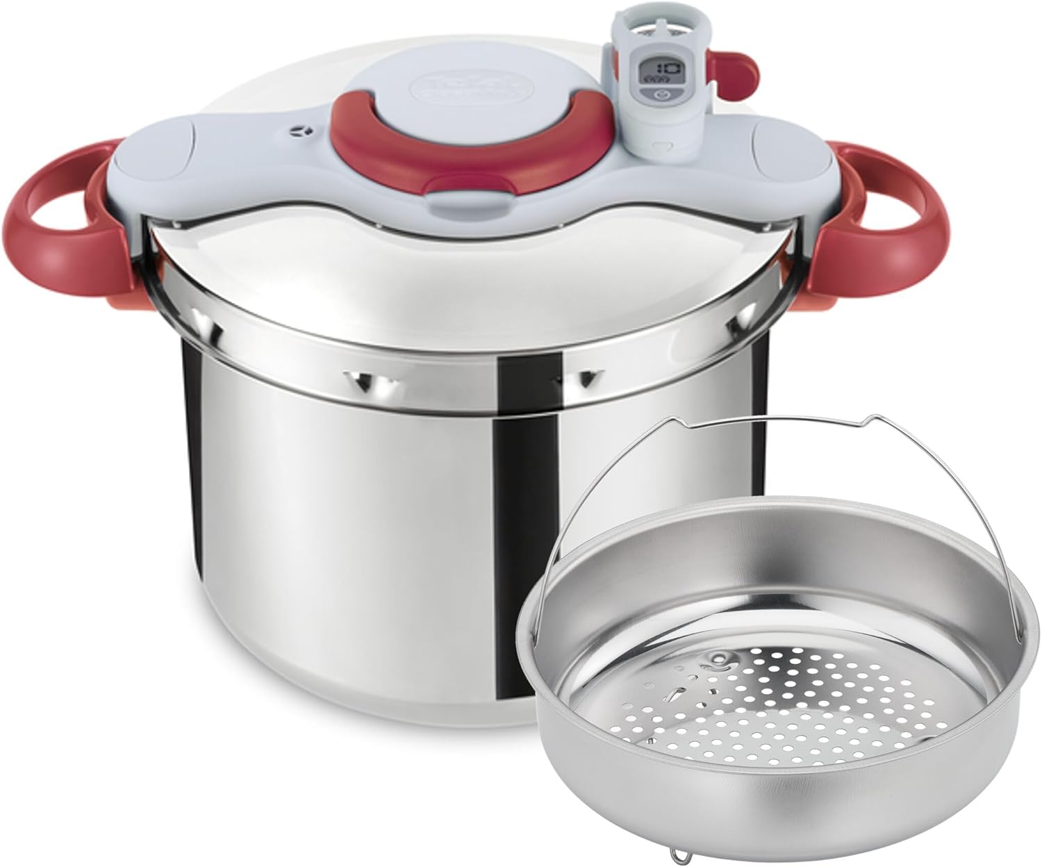 Tefal P47051 Clipso Minut Duo aluminium snelkookpan met 5 veiligheidssystemen en eenvoudige sluiting met één hand, grijs/rood, 5 L