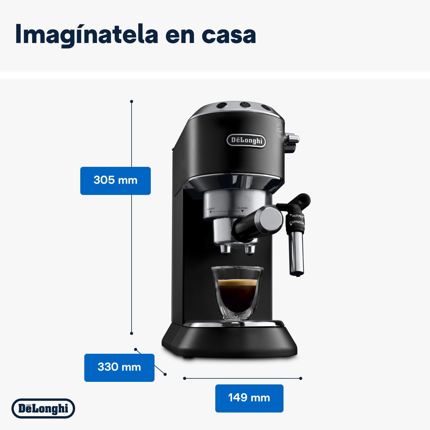 De'Longhi Dedica - RVS pompkoffiezetapparaat voor gemalen koffie of cups, espresso en cappuccino, 1,3 liter reservoir, anti-druppelsysteem, model EC685.M, metaalkleur
