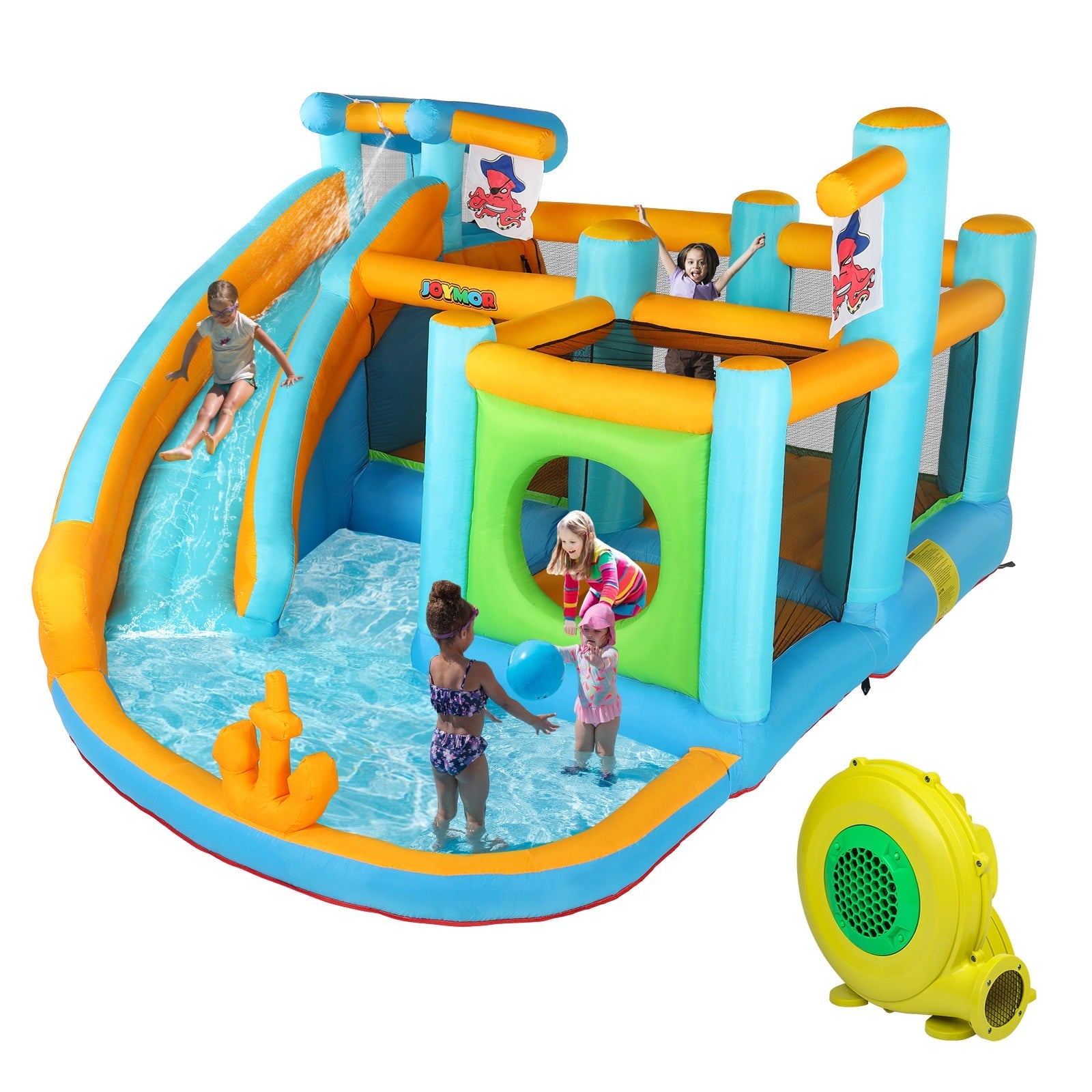 JOYMOR Opblaasbaar waterpark met glijbaan – Piratenthema springkussen met hindernisbaan, waterkanon, plonsbad en opblaaskasteel voor buitengebruik – Voor kinderen van 3 tot 12 jaar (inclusief blower)