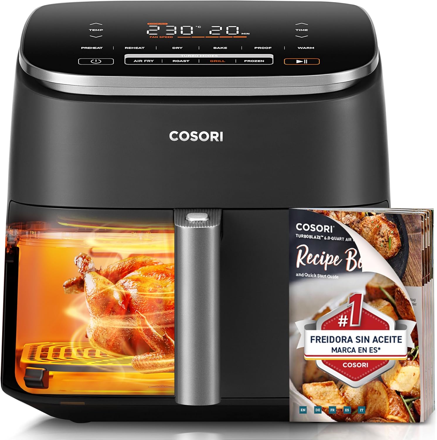 Cosori Turbo Blaze 6L Airfryer, Echte metalen binnenkant, Exclusieve DC-motor, 46% sneller, Temperatuur 30°C tot 230°C, Ideaal voor het braden van vlees, Complete kookprogramma's, Stil 27dB