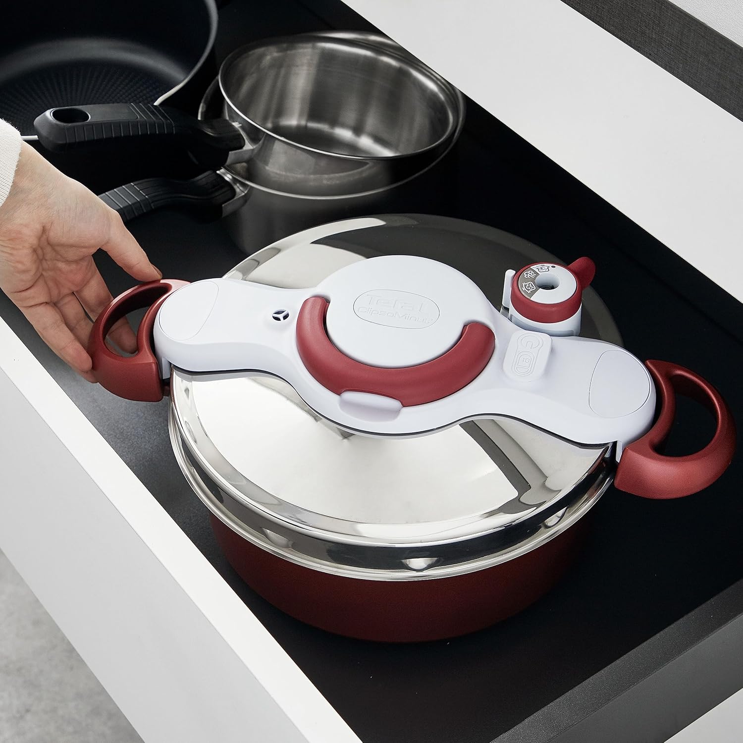 Tefal P47051 Clipso Minut Duo aluminium snelkookpan met 5 veiligheidssystemen en eenvoudige sluiting met één hand, grijs/rood, 5 L