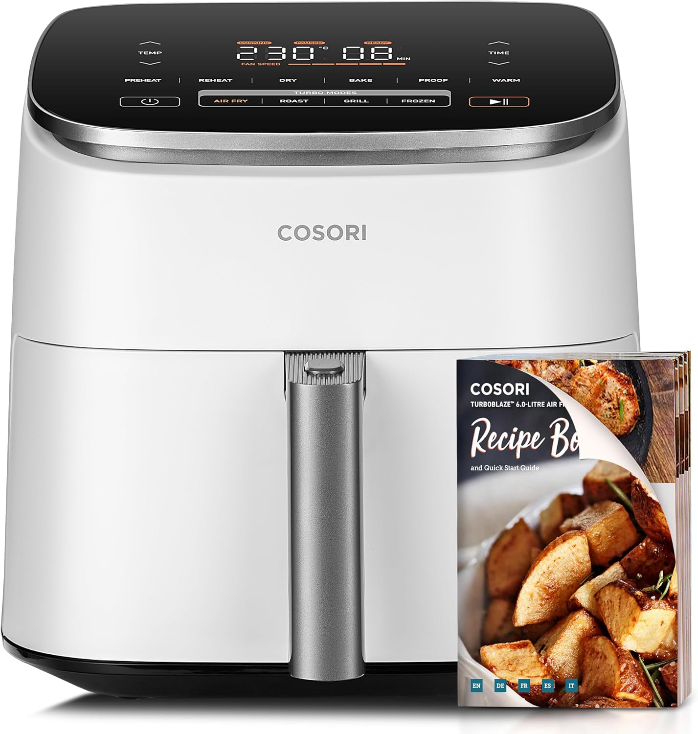 Cosori Turbo Blaze 6L Airfryer, Echte metalen binnenkant, Exclusieve DC-motor, 46% sneller, Temperatuur 30°C tot 230°C, Ideaal voor het braden van vlees, Complete kookprogramma's, Stil 27dB