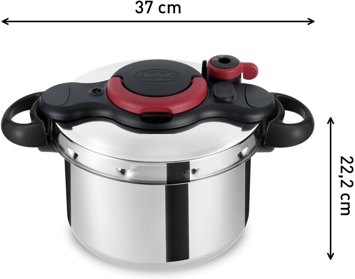 Tefal P47051 Clipso Minut Duo aluminium snelkookpan met 5 veiligheidssystemen en eenvoudige sluiting met één hand, grijs/rood, 5 L