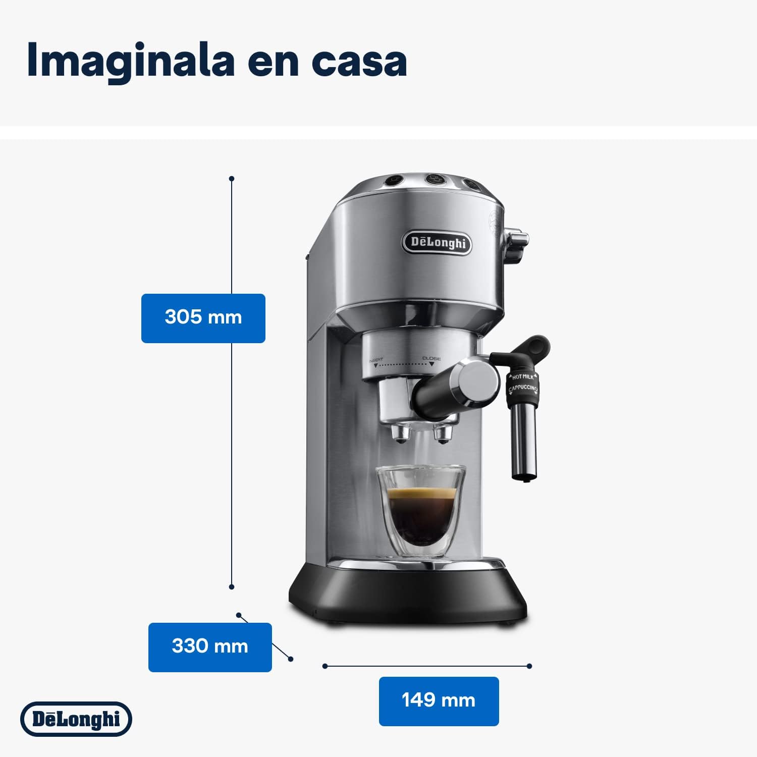 De'Longhi Dedica - RVS pompkoffiezetapparaat voor gemalen koffie of cups, espresso en cappuccino, 1,3 liter reservoir, anti-druppelsysteem, model EC685.M, metaalkleur