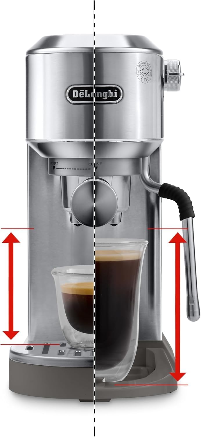 De'Longhi Dedica - RVS pompkoffiezetapparaat voor gemalen koffie of cups, espresso en cappuccino, 1,3 liter reservoir, anti-druppelsysteem, model EC685.M, metaalkleur