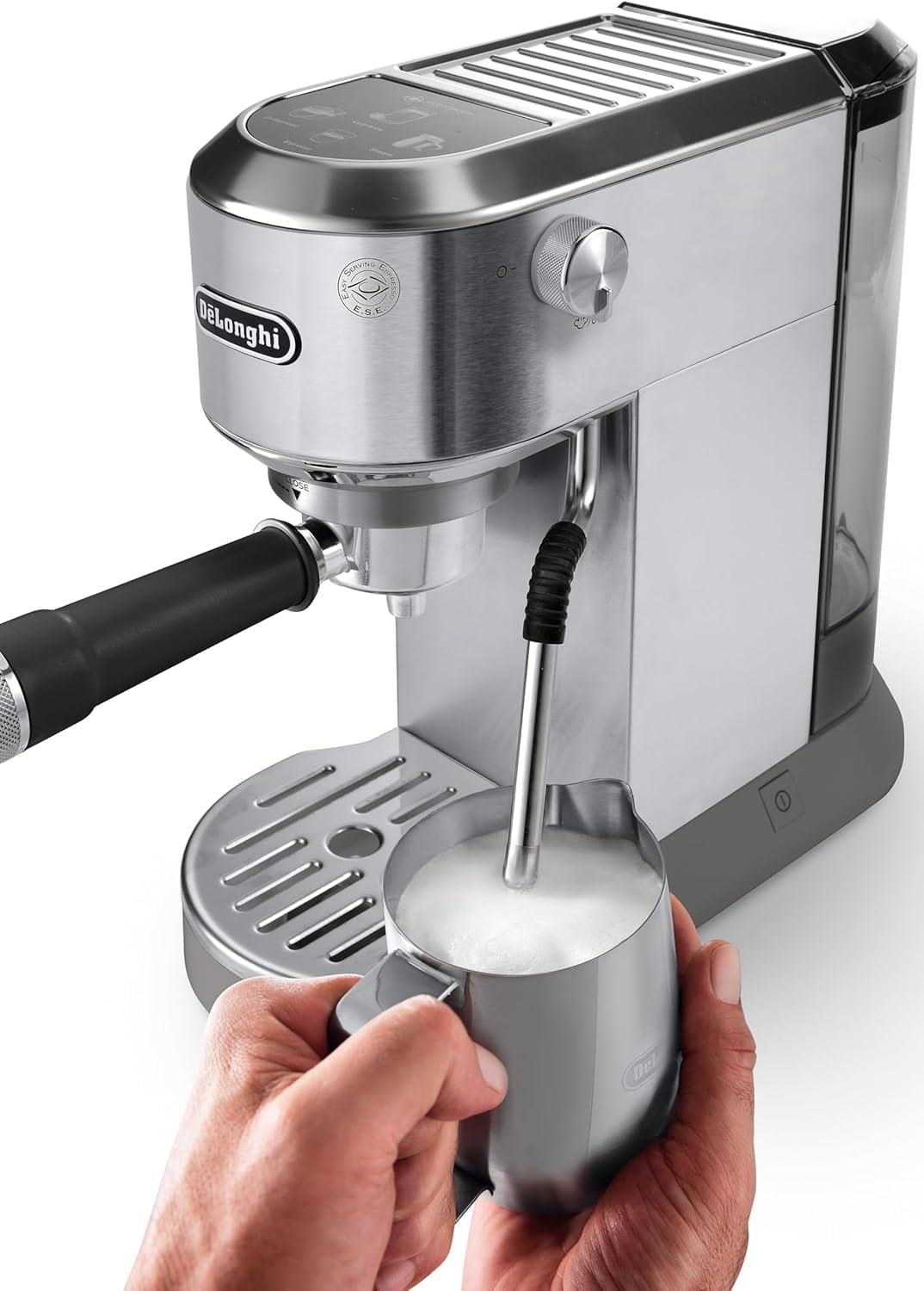De'Longhi Dedica - RVS pompkoffiezetapparaat voor gemalen koffie of cups, espresso en cappuccino, 1,3 liter reservoir, anti-druppelsysteem, model EC685.M, metaalkleur