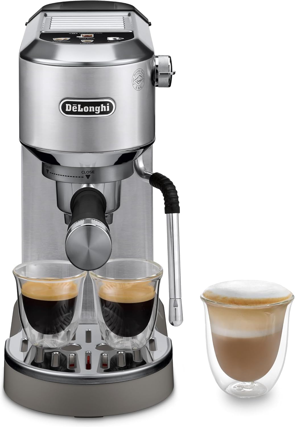De'Longhi Dedica - RVS pompkoffiezetapparaat voor gemalen koffie of cups, espresso en cappuccino, 1,3 liter reservoir, anti-druppelsysteem, model EC685.M, metaalkleur