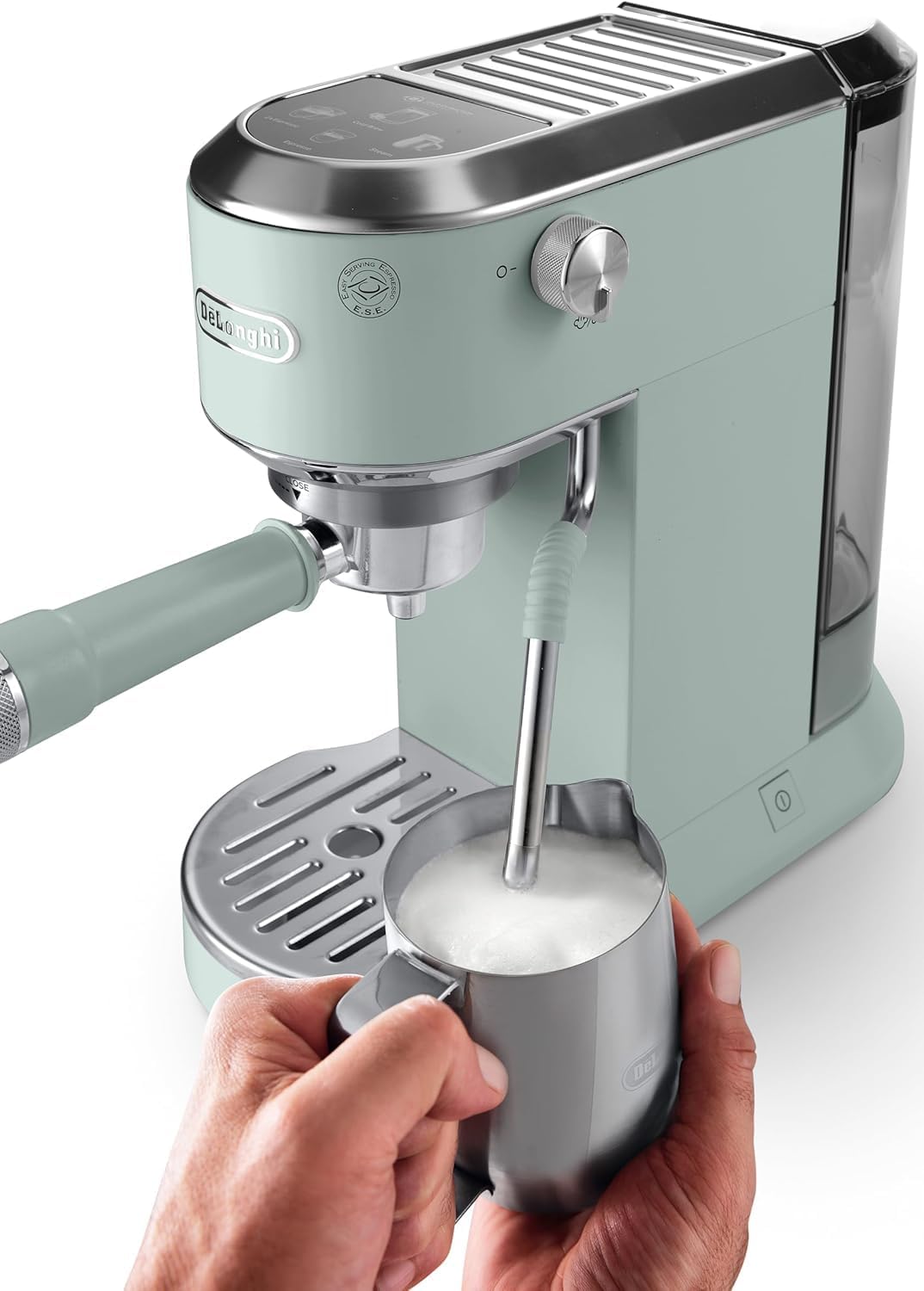 De'Longhi Dedica - RVS pompkoffiezetapparaat voor gemalen koffie of cups, espresso en cappuccino, 1,3 liter reservoir, anti-druppelsysteem, model EC685.M, metaalkleur