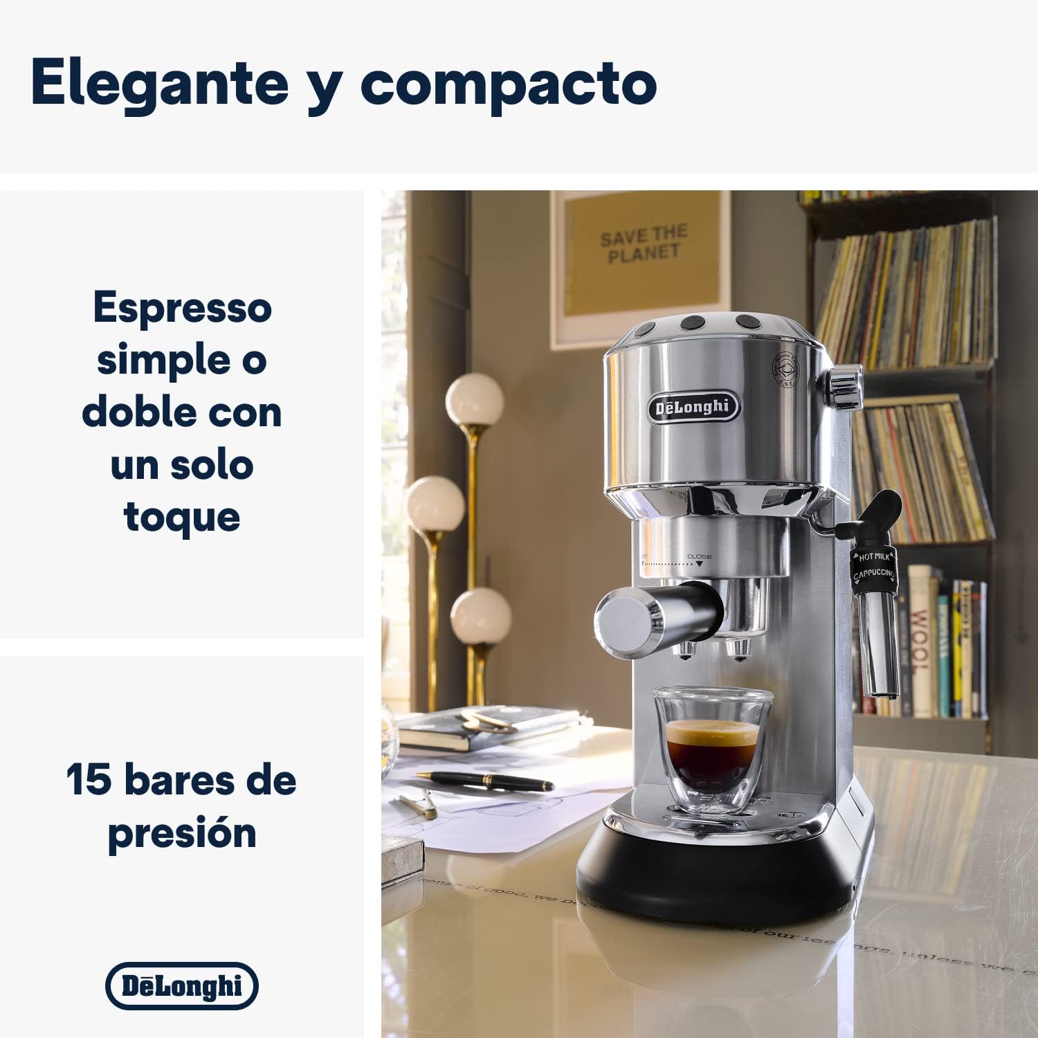 De'Longhi Dedica - RVS pompkoffiezetapparaat voor gemalen koffie of cups, espresso en cappuccino, 1,3 liter reservoir, anti-druppelsysteem, model EC685.M, metaalkleur