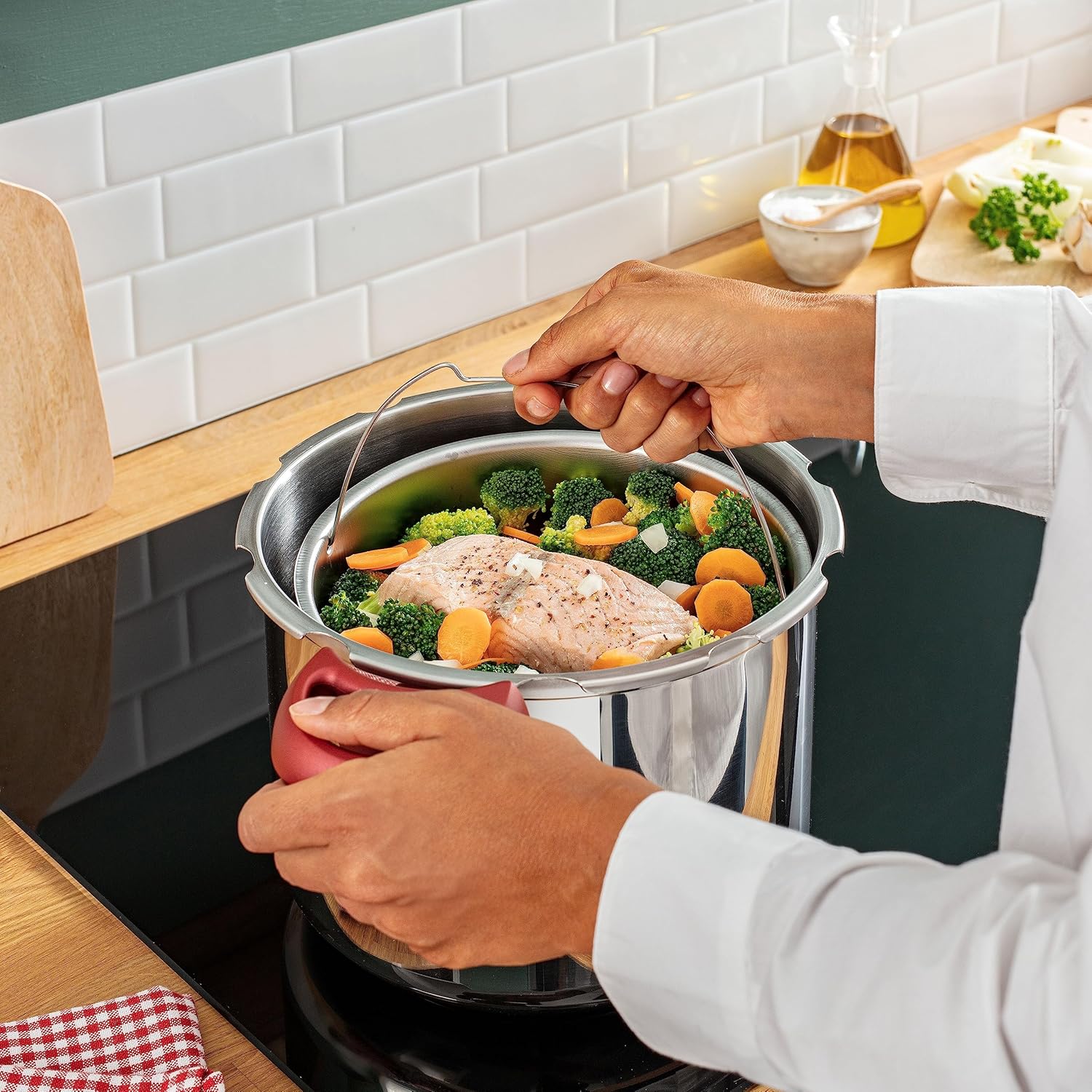 Tefal P47051 Clipso Minut Duo aluminium snelkookpan met 5 veiligheidssystemen en eenvoudige sluiting met één hand, grijs/rood, 5 L