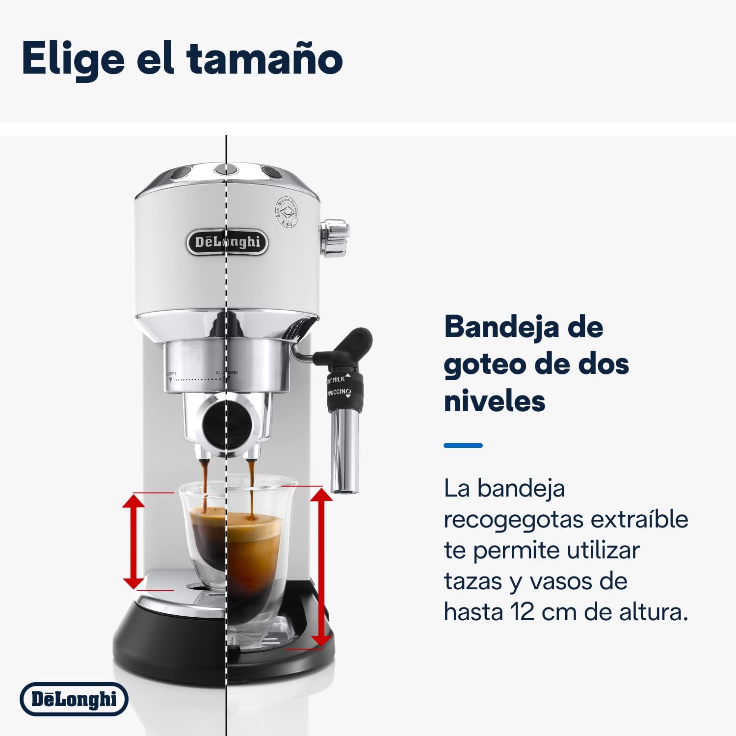De'Longhi Dedica - RVS pompkoffiezetapparaat voor gemalen koffie of cups, espresso en cappuccino, 1,3 liter reservoir, anti-druppelsysteem, model EC685.M, metaalkleur