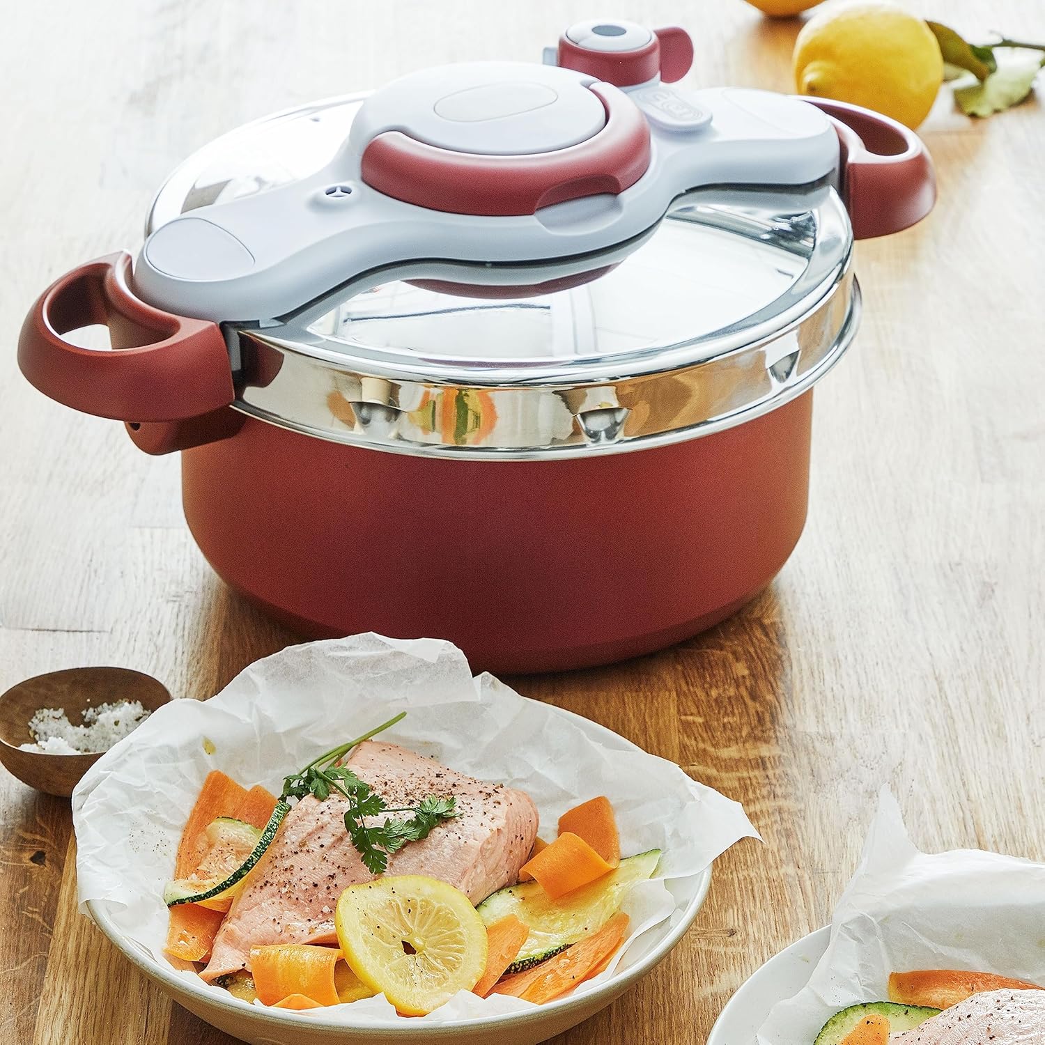 Tefal P47051 Clipso Minut Duo aluminium snelkookpan met 5 veiligheidssystemen en eenvoudige sluiting met één hand, grijs/rood, 5 L
