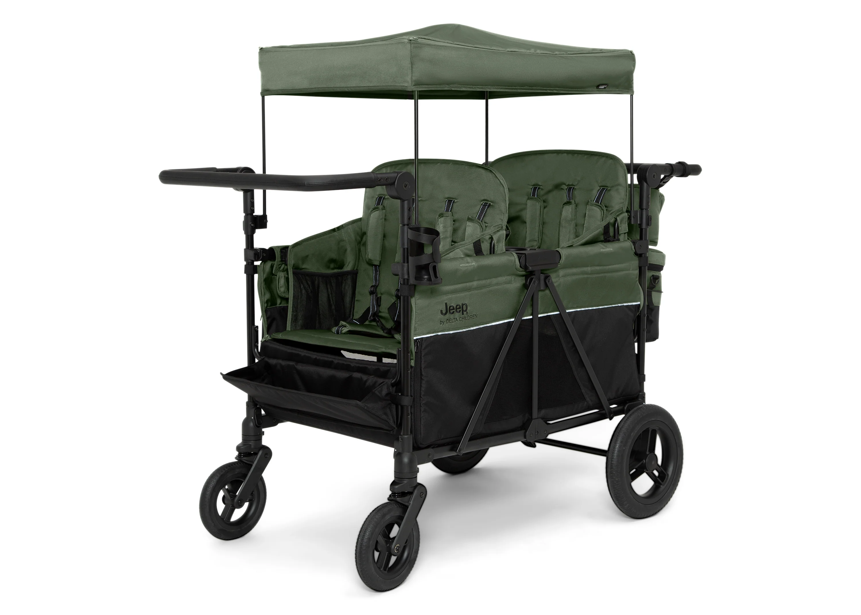 Jeep Wrangler Deluxe Kinderwagen voor 4 Kinderen – Afneembare Kap. Geïsoleerde Tas. Modulaire Zitjes. XXL Opbergruimte. Lekvrije Wielen. Verstelbaar Stuur.