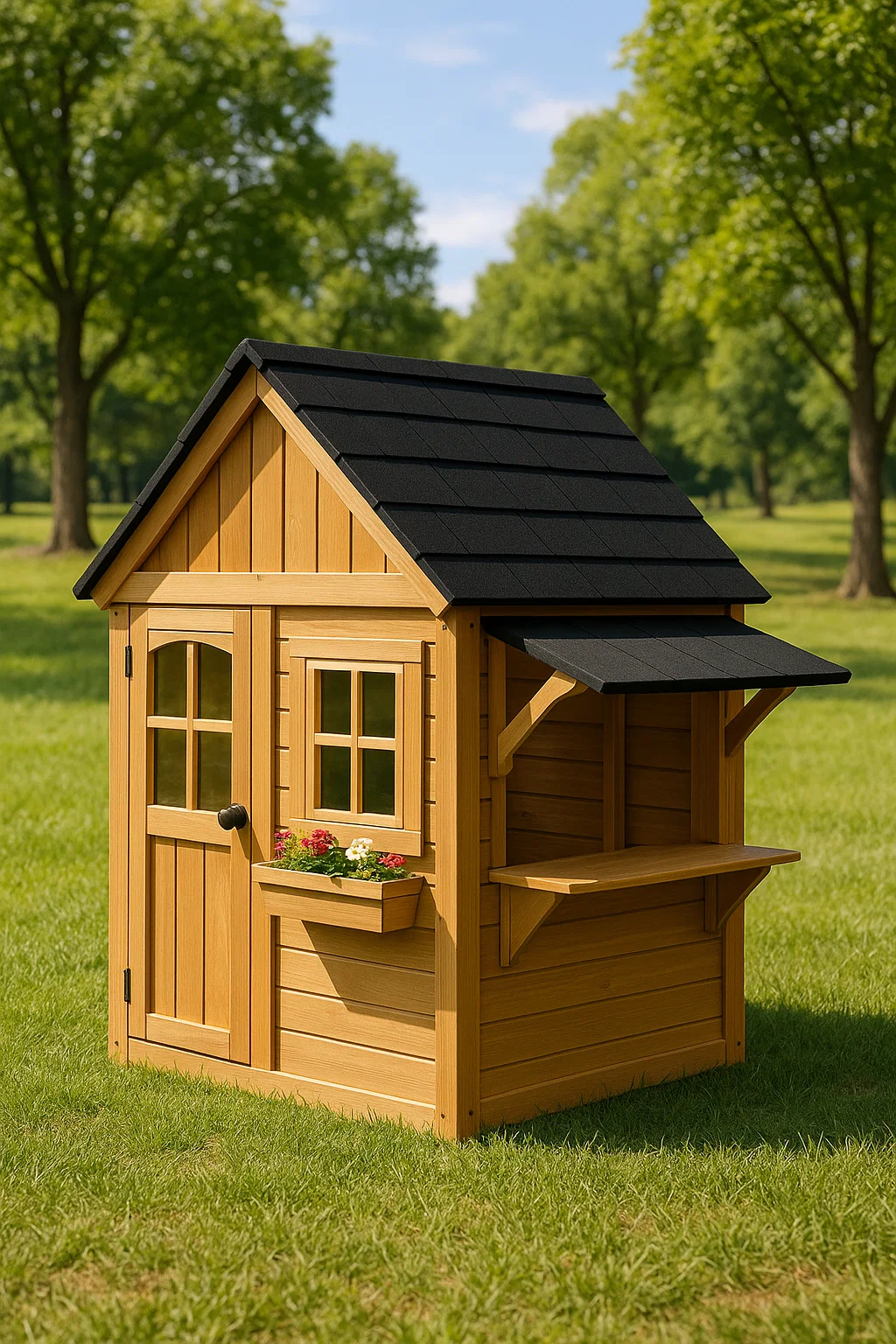 Kinderspeelhuis van natuurlijk hout met zwart dak en tuintafel 135×110×150 cm GuCyPvI132OT