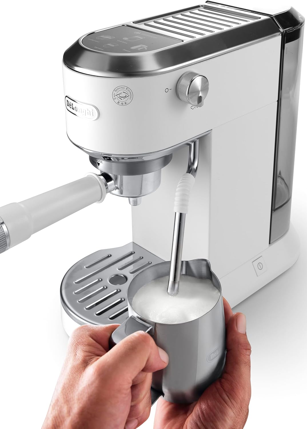 De'Longhi Dedica - RVS pompkoffiezetapparaat voor gemalen koffie of cups, espresso en cappuccino, 1,3 liter reservoir, anti-druppelsysteem, model EC685.M, metaalkleur