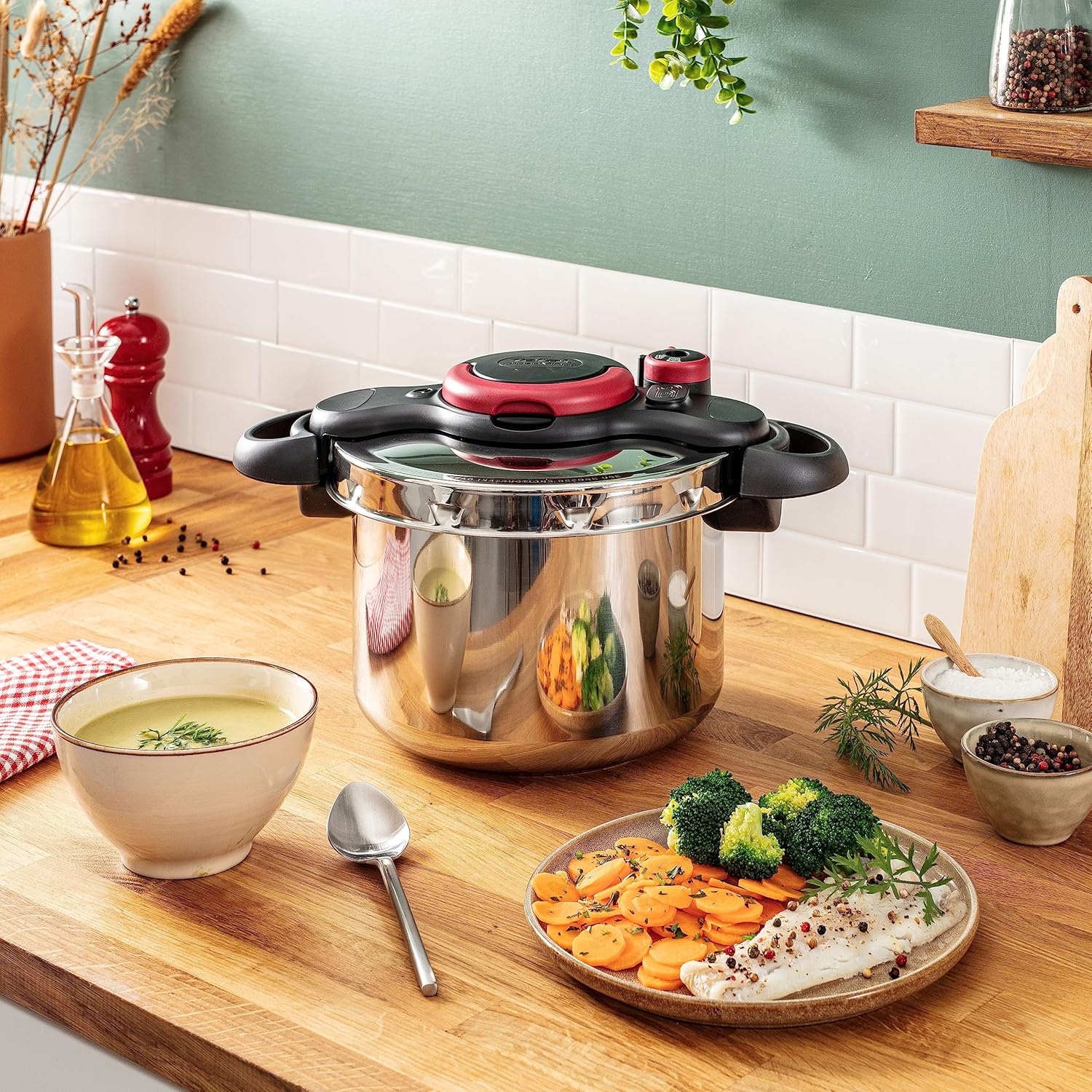 Tefal P47051 Clipso Minut Duo aluminium snelkookpan met 5 veiligheidssystemen en eenvoudige sluiting met één hand, grijs/rood, 5 L