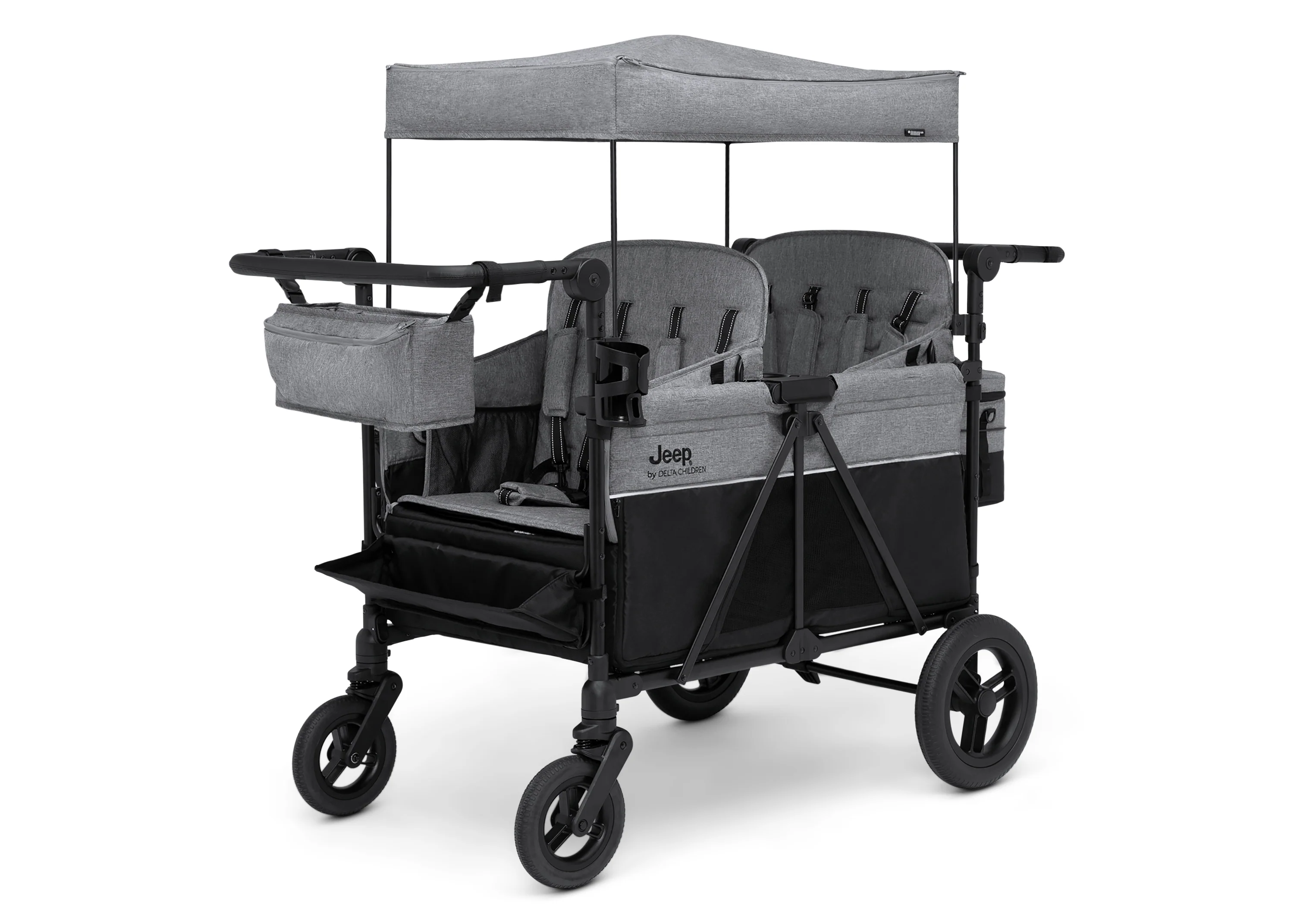 Jeep Wrangler Deluxe Kinderwagen voor 4 Kinderen – Afneembare Kap. Geïsoleerde Tas. Modulaire Zitjes. XXL Opbergruimte. Lekvrije Wielen. Verstelbaar Stuur.