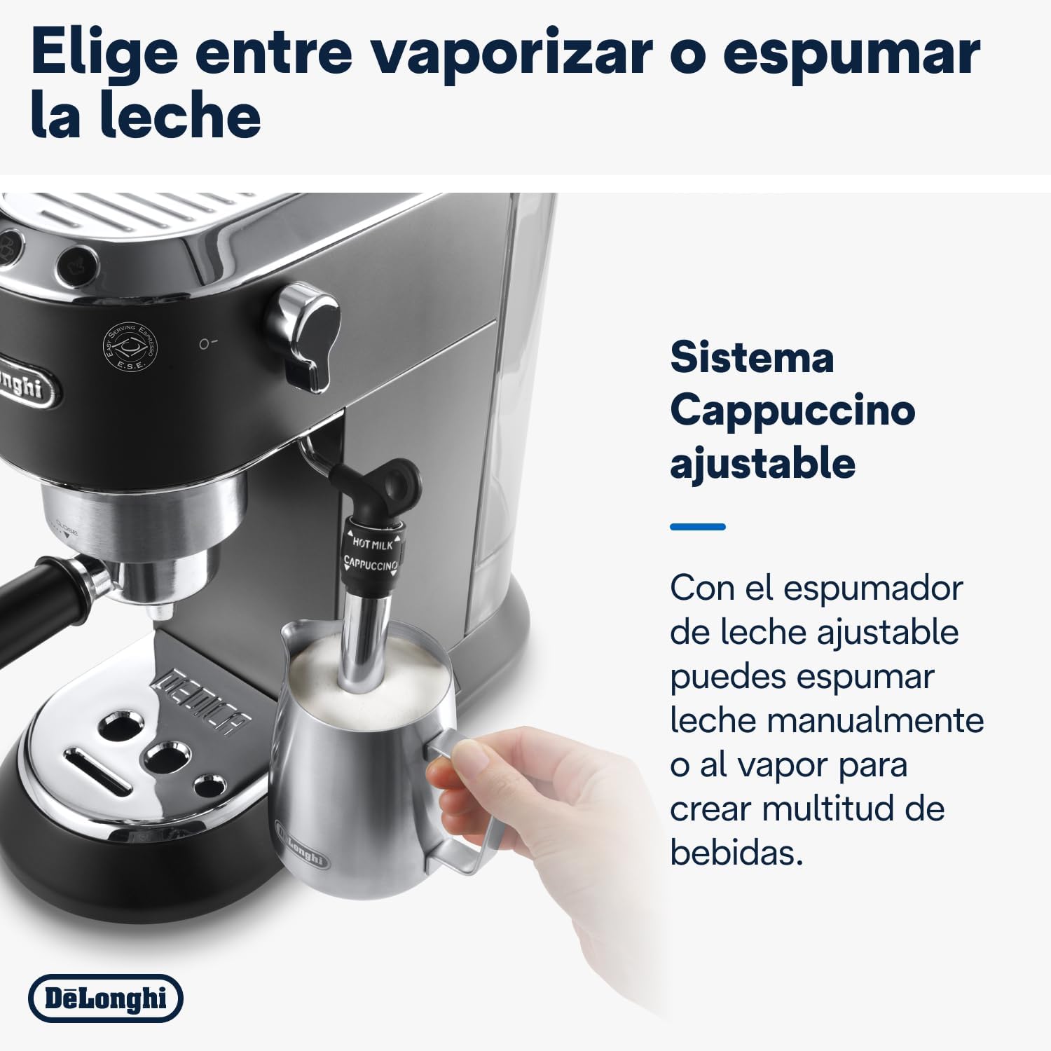De'Longhi Dedica - RVS pompkoffiezetapparaat voor gemalen koffie of cups, espresso en cappuccino, 1,3 liter reservoir, anti-druppelsysteem, model EC685.M, metaalkleur