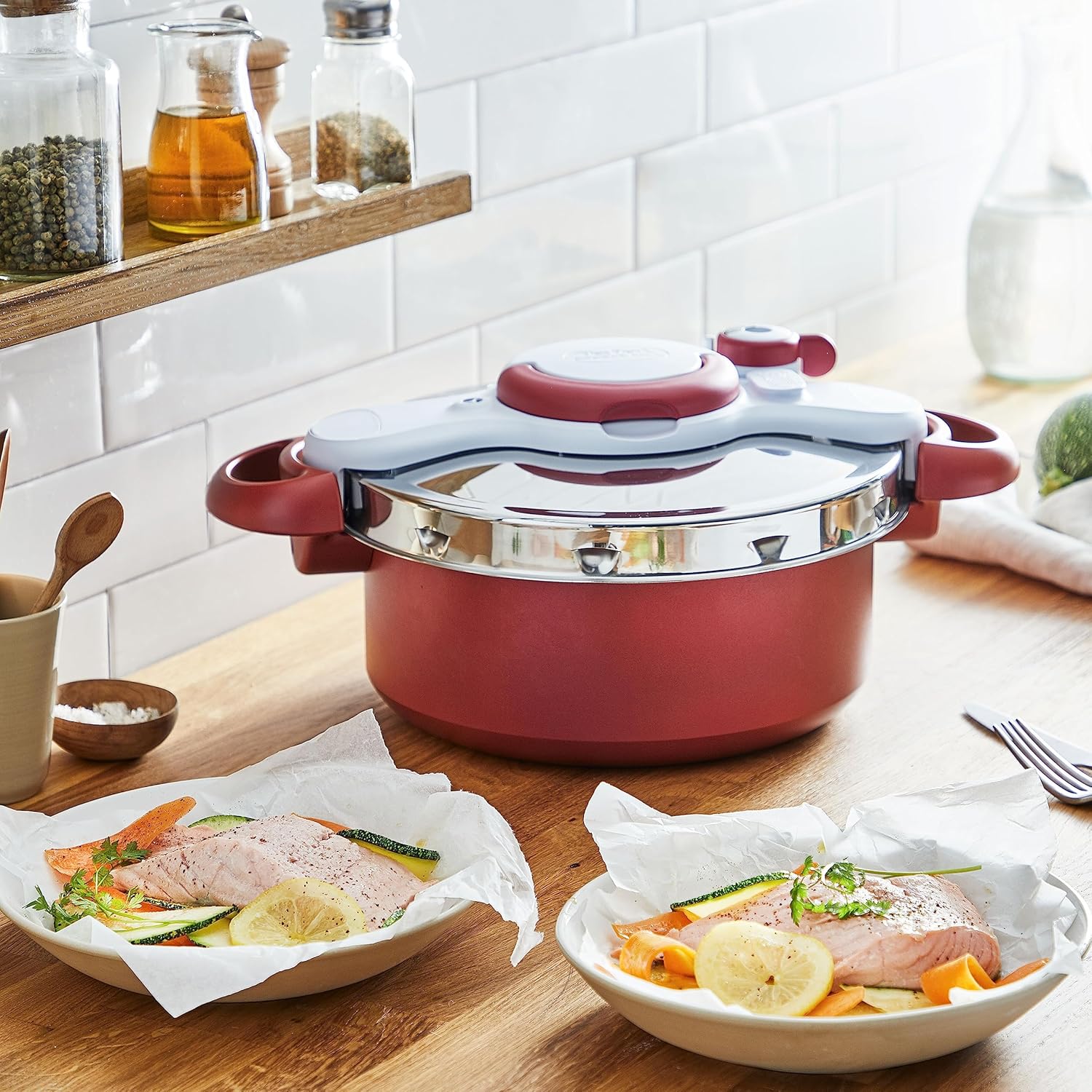 Tefal P47051 Clipso Minut Duo aluminium snelkookpan met 5 veiligheidssystemen en eenvoudige sluiting met één hand, grijs/rood, 5 L