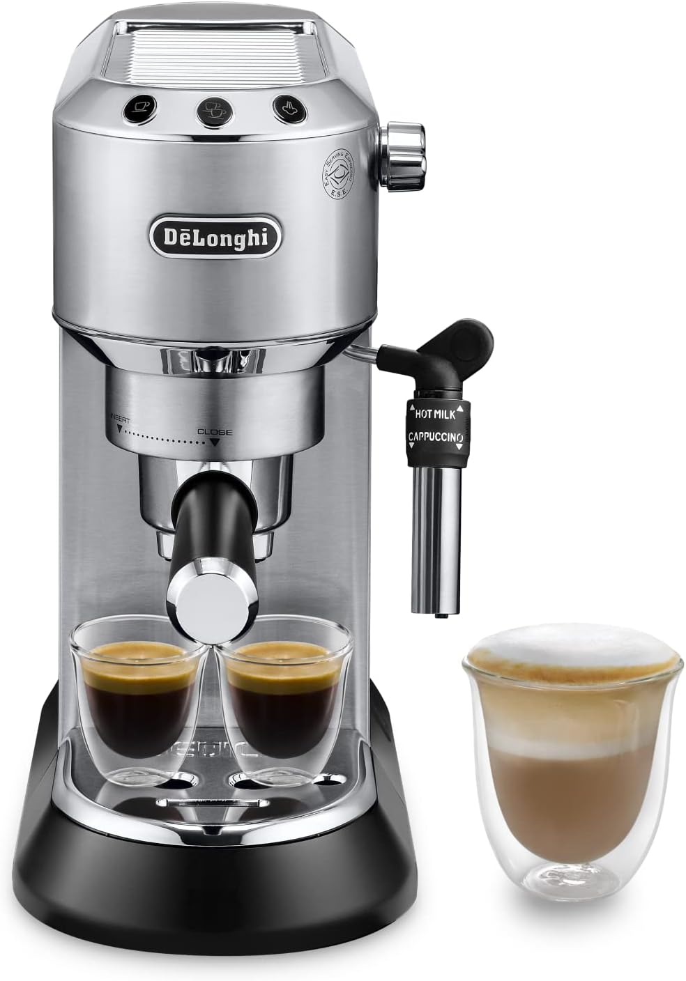 De'Longhi Dedica - RVS pompkoffiezetapparaat voor gemalen koffie of cups, espresso en cappuccino, 1,3 liter reservoir, anti-druppelsysteem, model EC685.M, metaalkleur