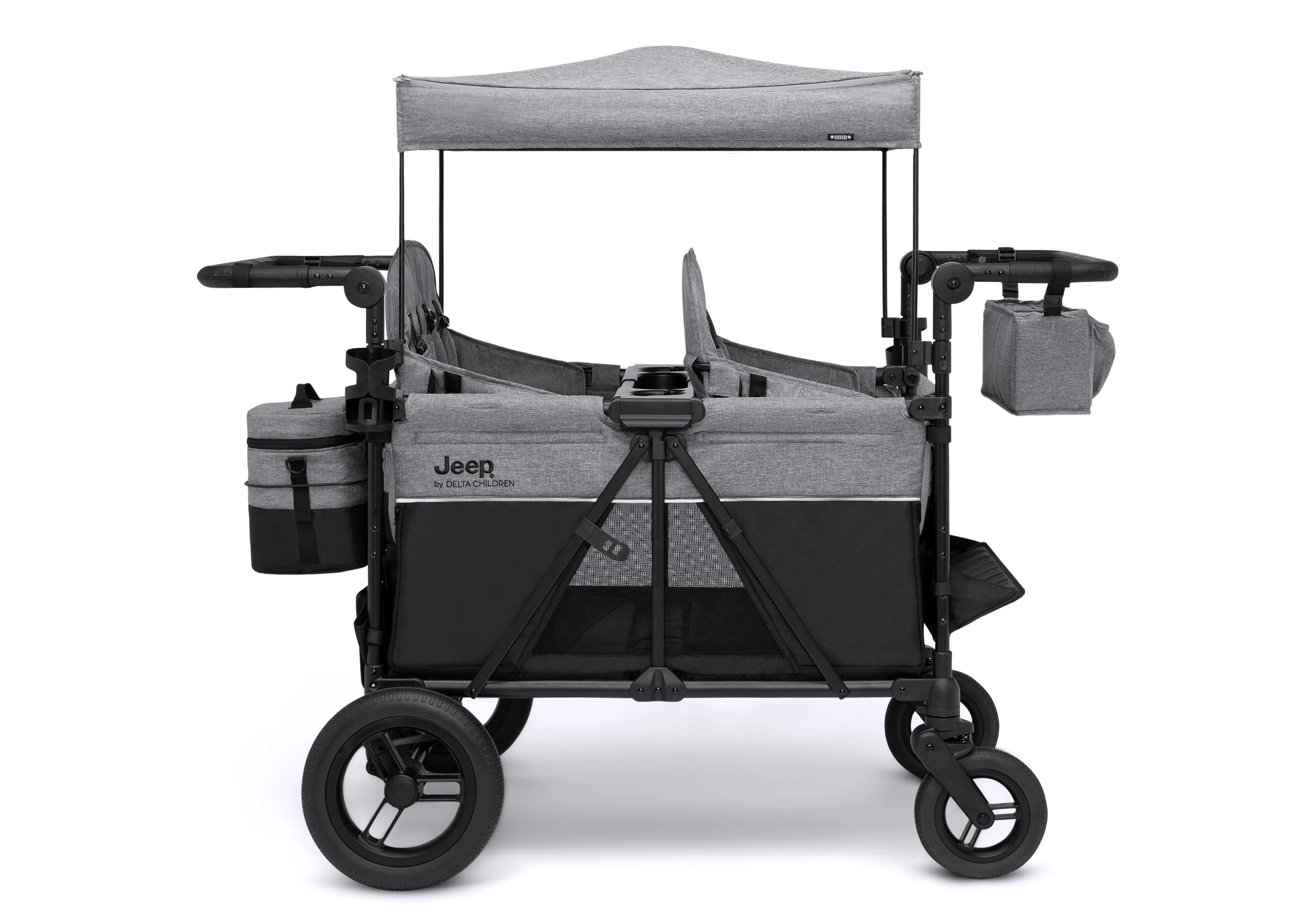 Jeep Wrangler Deluxe Kinderwagen voor 4 Kinderen – Afneembare Kap. Geïsoleerde Tas. Modulaire Zitjes. XXL Opbergruimte. Lekvrije Wielen. Verstelbaar Stuur.