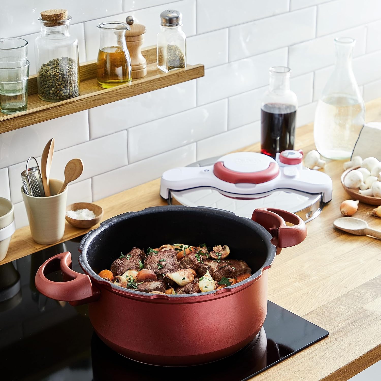 Tefal P47051 Clipso Minut Duo aluminium snelkookpan met 5 veiligheidssystemen en eenvoudige sluiting met één hand, grijs/rood, 5 L