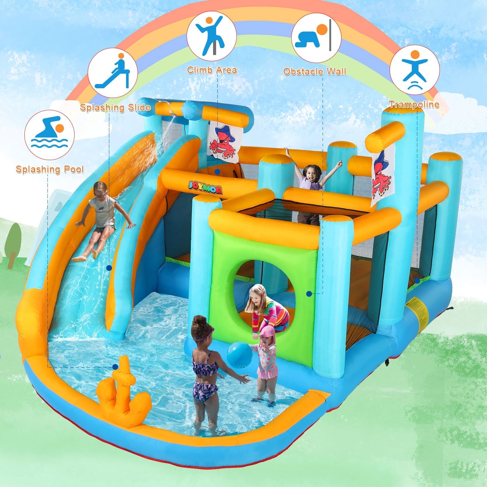 JOYMOR Opblaasbaar waterpark met glijbaan – Piratenthema springkussen met hindernisbaan, waterkanon, plonsbad en opblaaskasteel voor buitengebruik – Voor kinderen van 3 tot 12 jaar (inclusief blower)