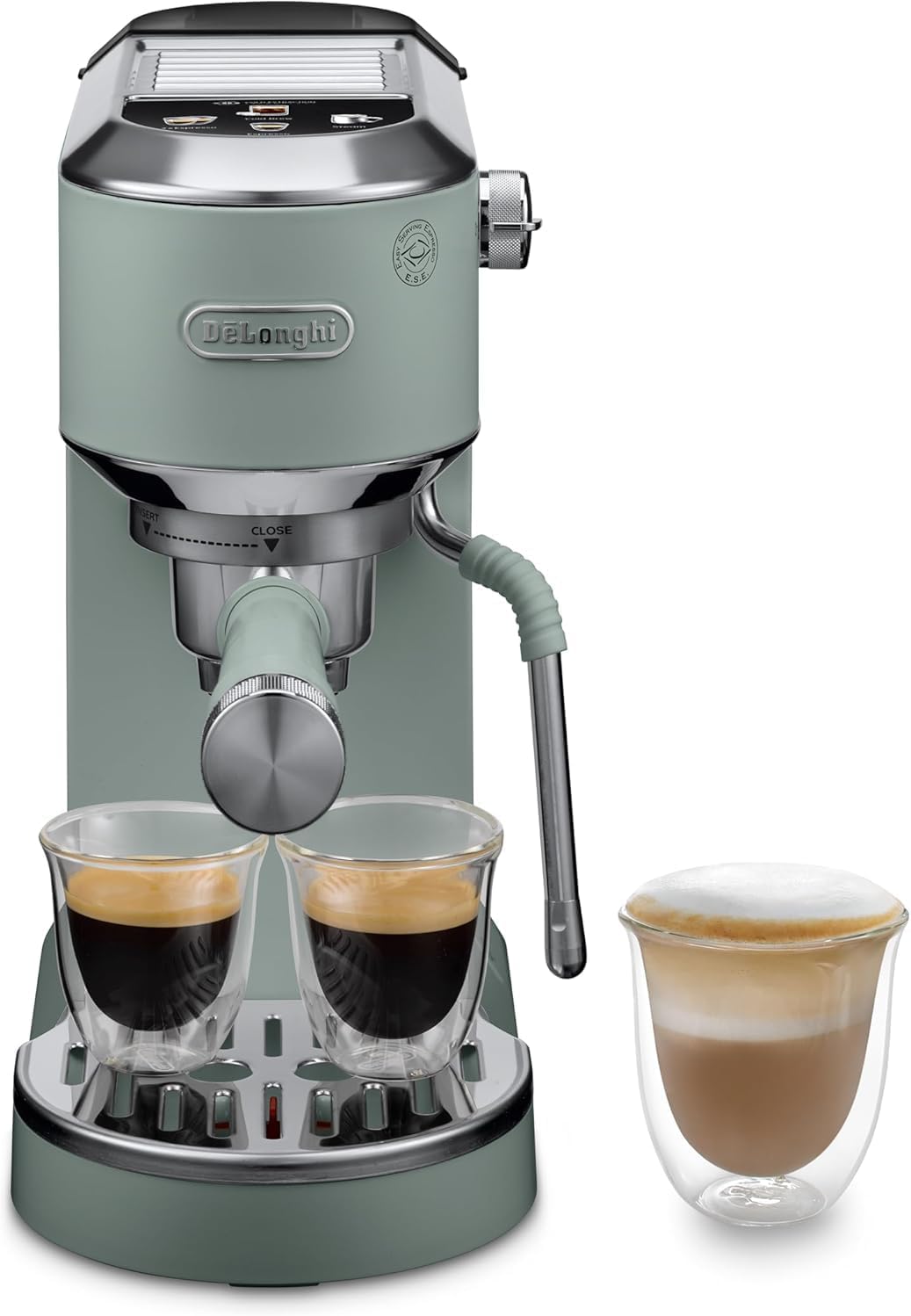 De'Longhi Dedica - RVS pompkoffiezetapparaat voor gemalen koffie of cups, espresso en cappuccino, 1,3 liter reservoir, anti-druppelsysteem, model EC685.M, metaalkleur