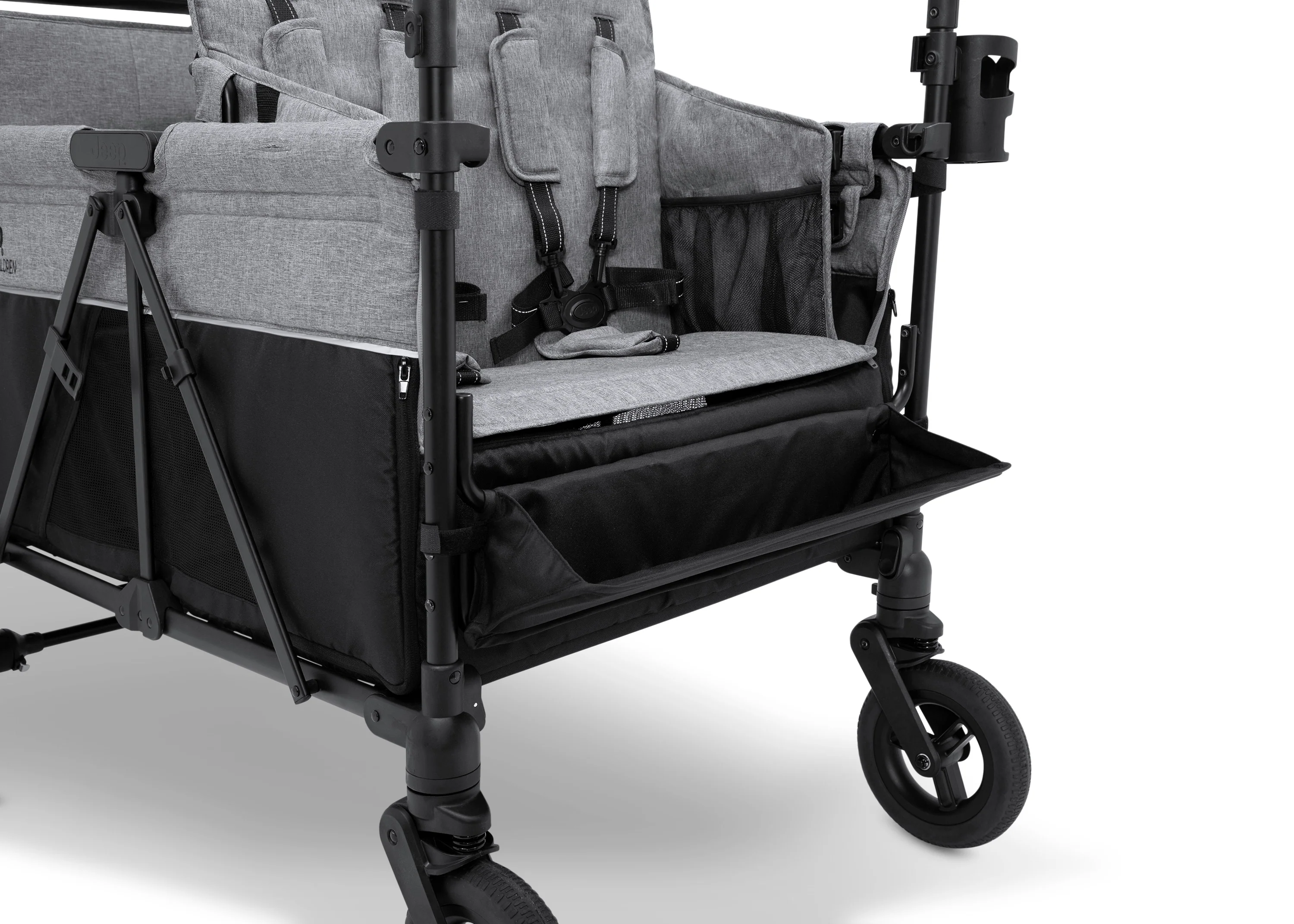 Jeep Wrangler Deluxe Kinderwagen voor 4 Kinderen – Afneembare Kap. Geïsoleerde Tas. Modulaire Zitjes. XXL Opbergruimte. Lekvrije Wielen. Verstelbaar Stuur.