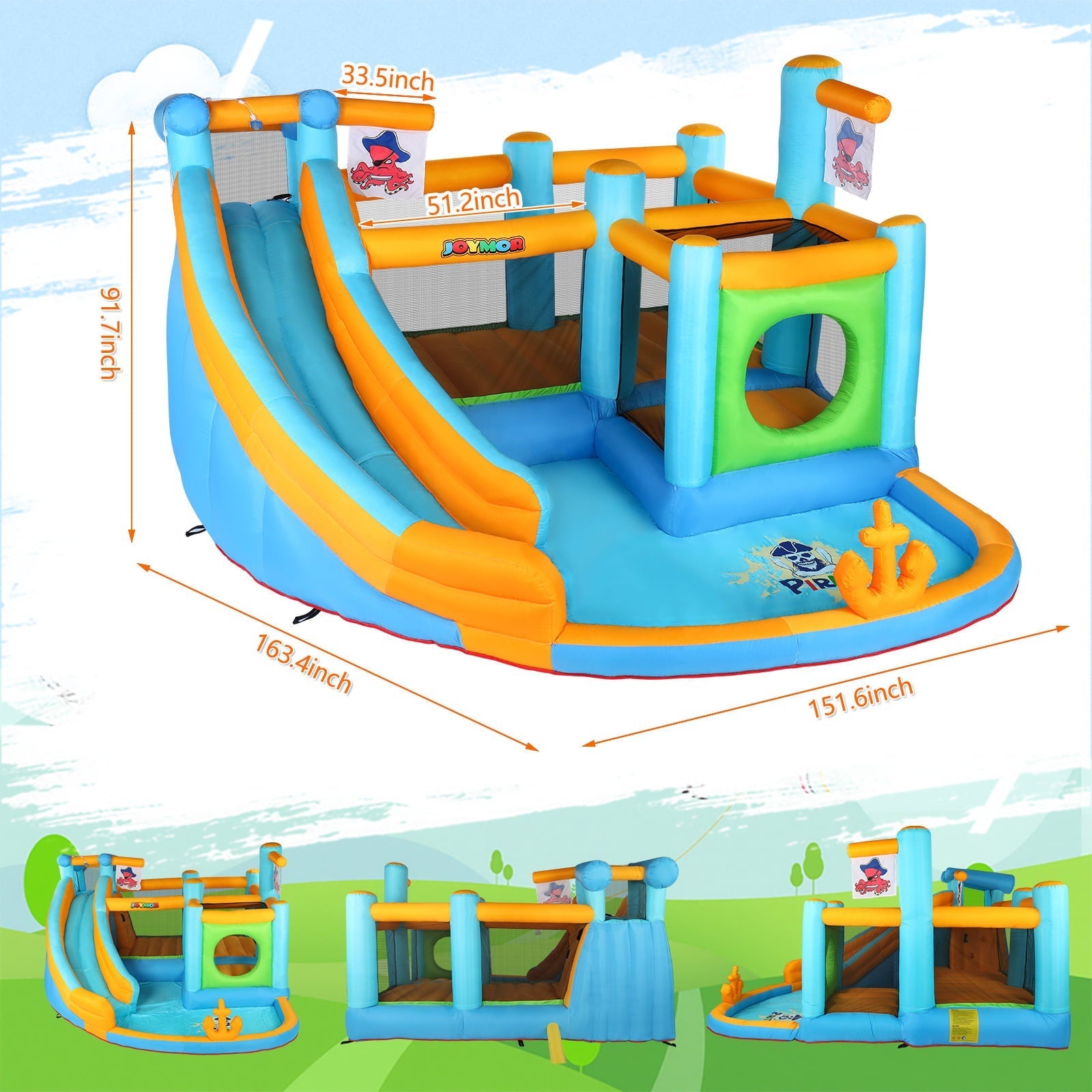 JOYMOR Opblaasbaar waterpark met glijbaan – Piratenthema springkussen met hindernisbaan, waterkanon, plonsbad en opblaaskasteel voor buitengebruik – Voor kinderen van 3 tot 12 jaar (inclusief blower)