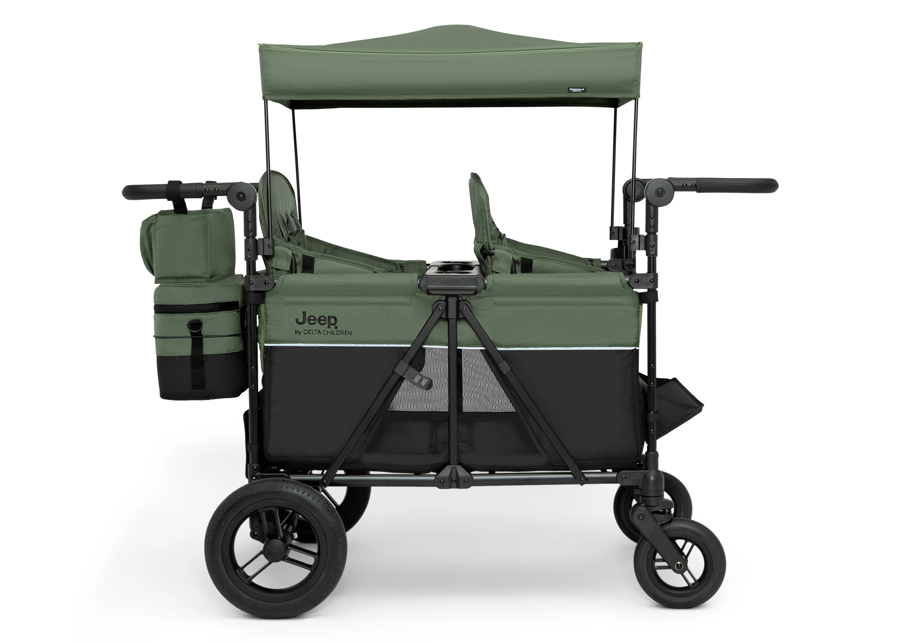 Jeep Wrangler Deluxe Kinderwagen voor 4 Kinderen – Afneembare Kap. Geïsoleerde Tas. Modulaire Zitjes. XXL Opbergruimte. Lekvrije Wielen. Verstelbaar Stuur.