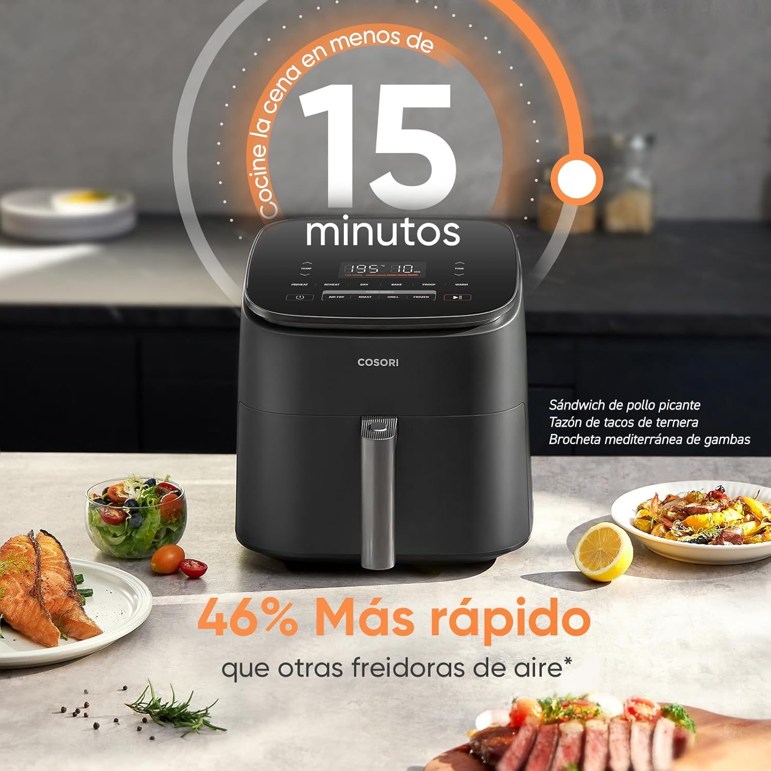 Cosori Turbo Blaze 6L Airfryer, Echte metalen binnenkant, Exclusieve DC-motor, 46% sneller, Temperatuur 30°C tot 230°C, Ideaal voor het braden van vlees, Complete kookprogramma's, Stil 27dB