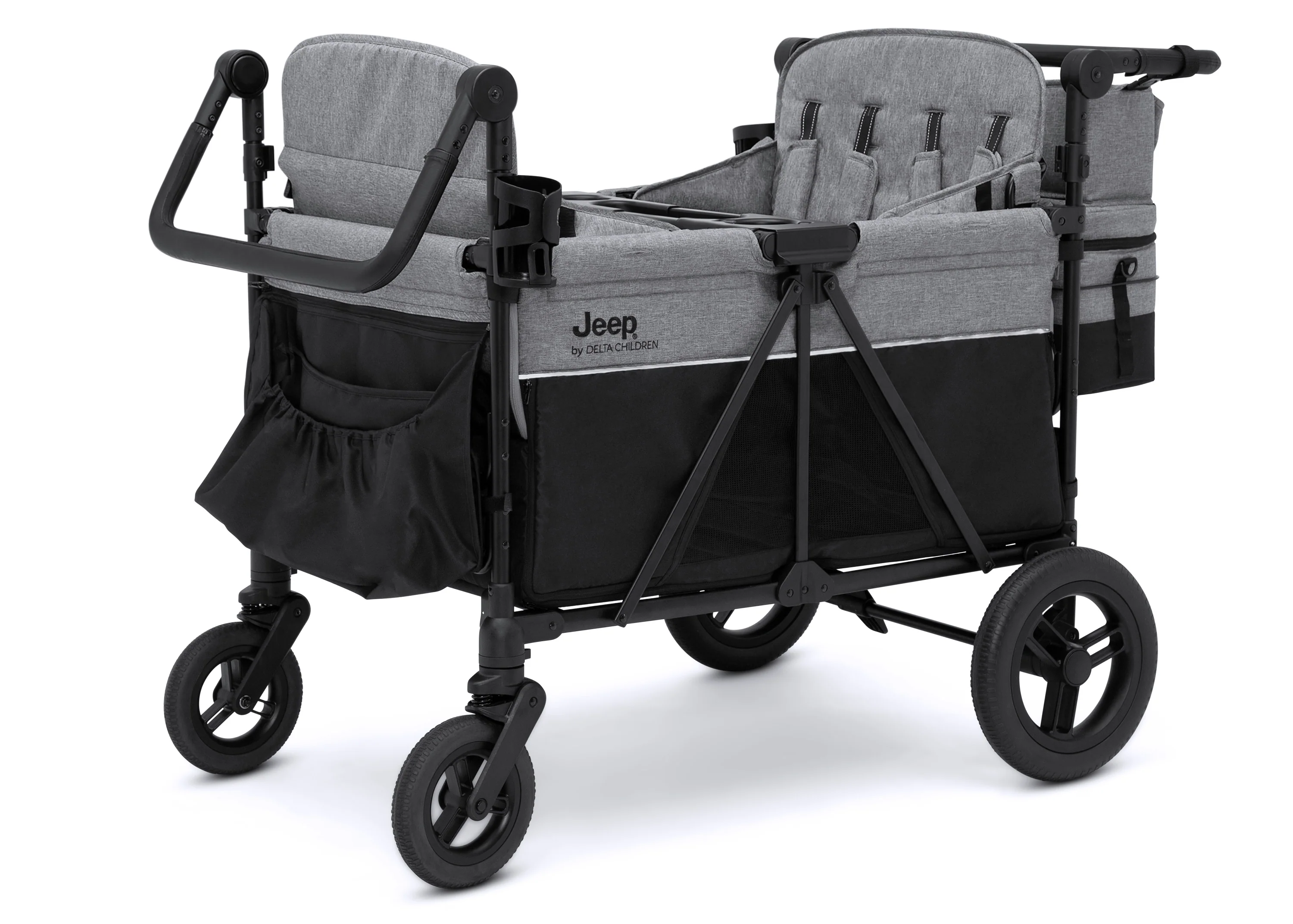 Jeep Wrangler Deluxe Kinderwagen voor 4 Kinderen – Afneembare Kap. Geïsoleerde Tas. Modulaire Zitjes. XXL Opbergruimte. Lekvrije Wielen. Verstelbaar Stuur.