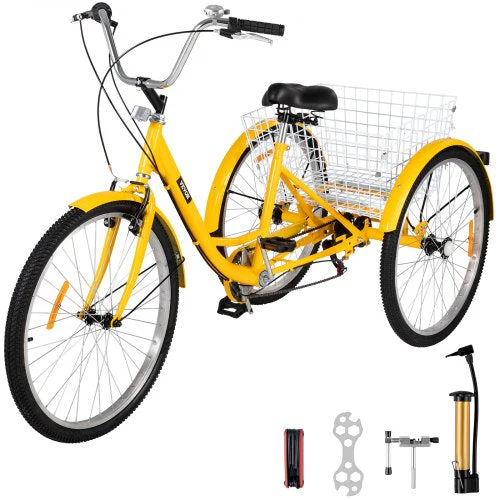 2026 26-inch driewieler voor volwassenen. 7 versnellingen. Driewieler met mand voor ritjes en boodschappen.