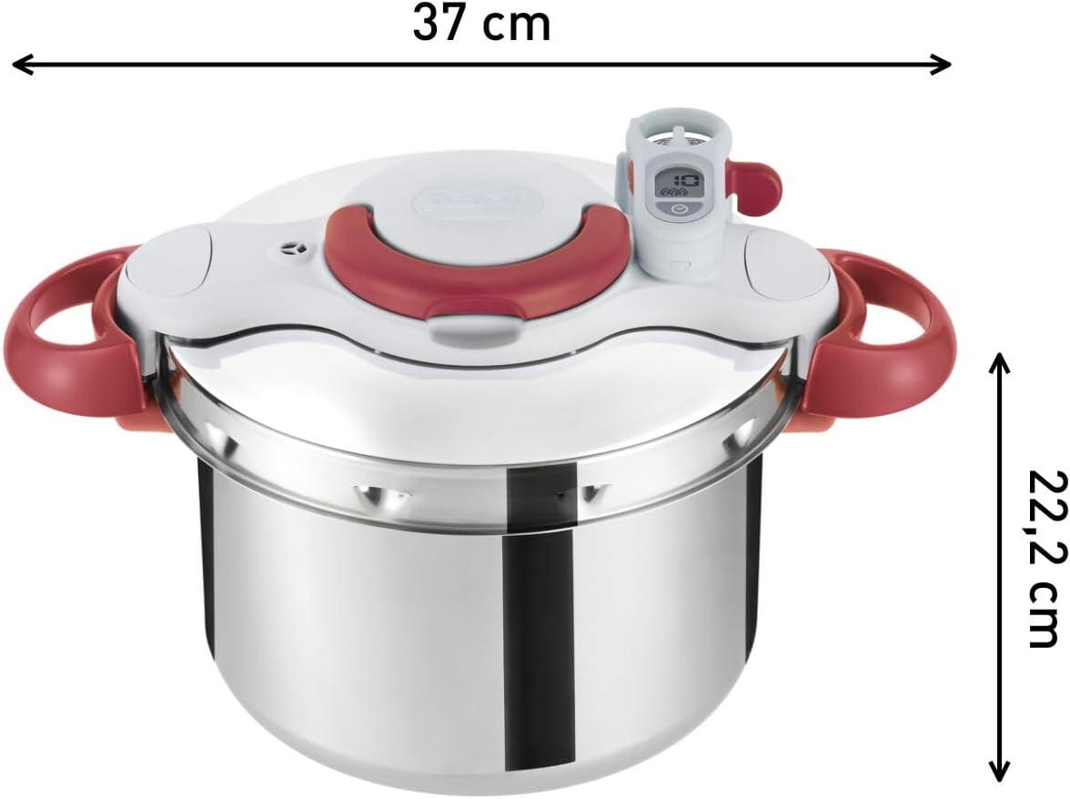 Tefal P47051 Clipso Minut Duo aluminium snelkookpan met 5 veiligheidssystemen en eenvoudige sluiting met één hand, grijs/rood, 5 L