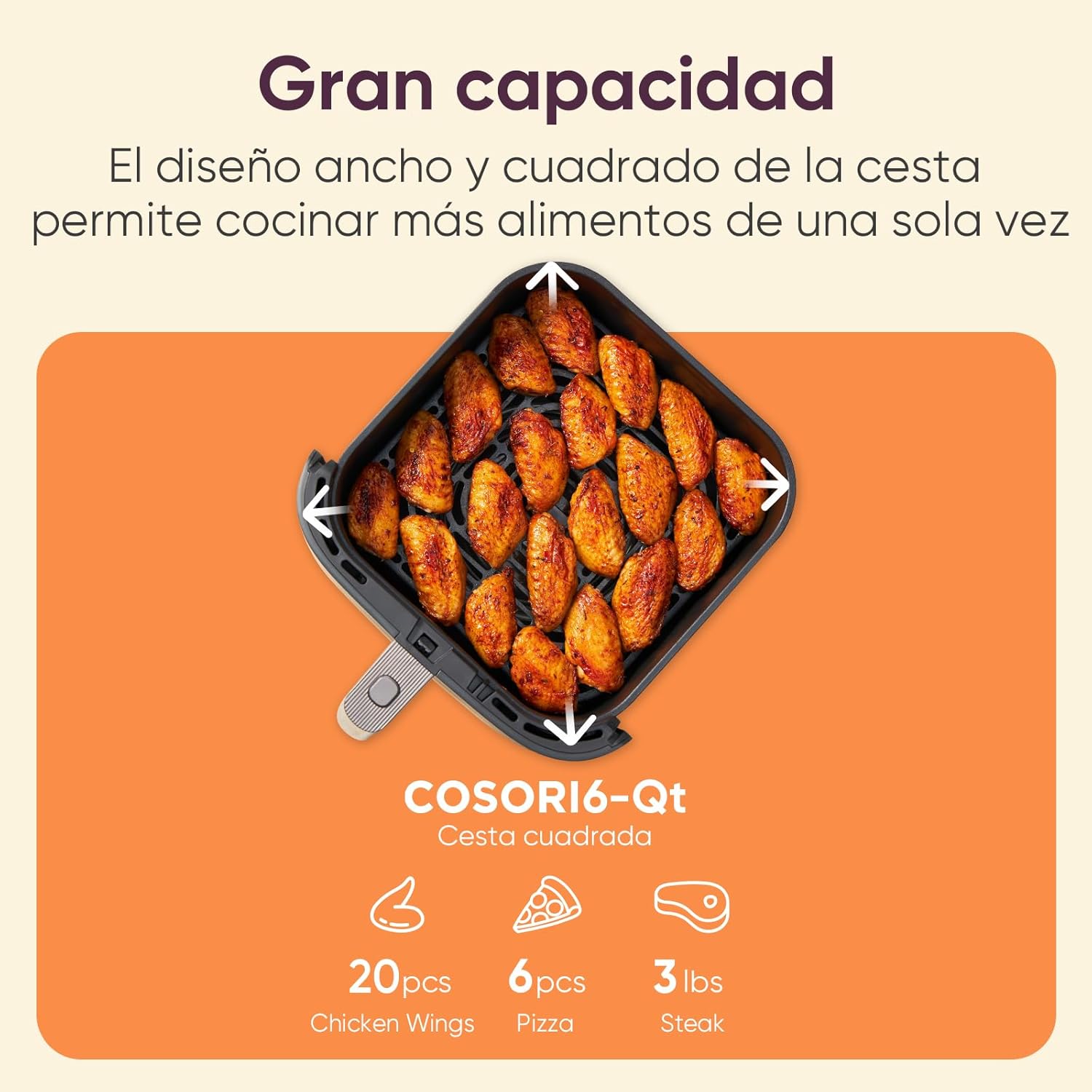 Cosori Turbo Blaze 6L Airfryer, Echte metalen binnenkant, Exclusieve DC-motor, 46% sneller, Temperatuur 30°C tot 230°C, Ideaal voor het braden van vlees, Complete kookprogramma's, Stil 27dB